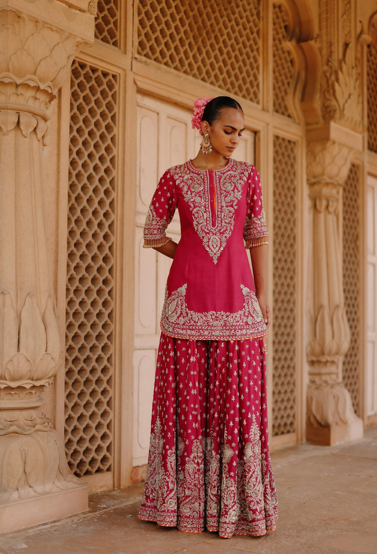 Maysam - Hot Pink Kurta Set with Sharara & Dupatta