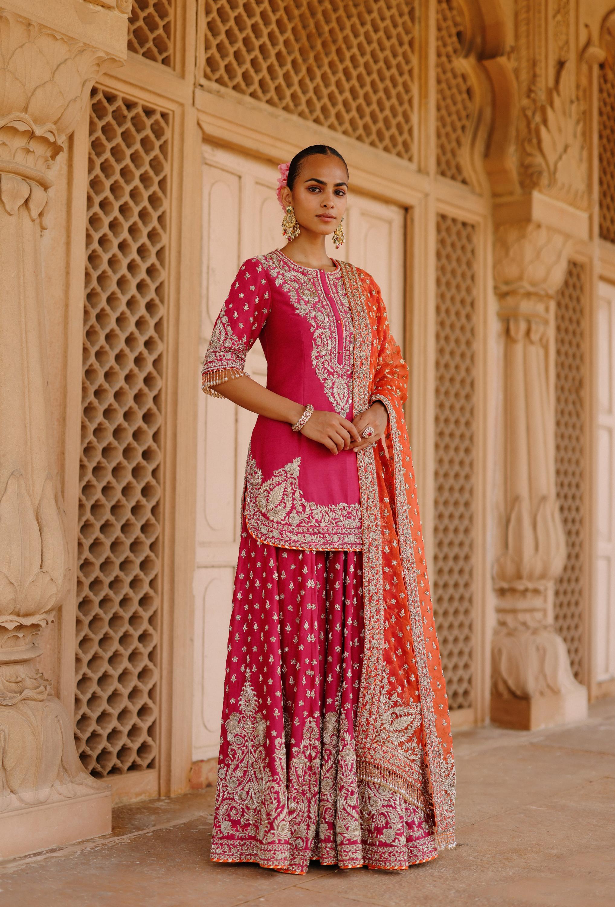 Maysam - Hot Pink Kurta Set with Sharara & Dupatta