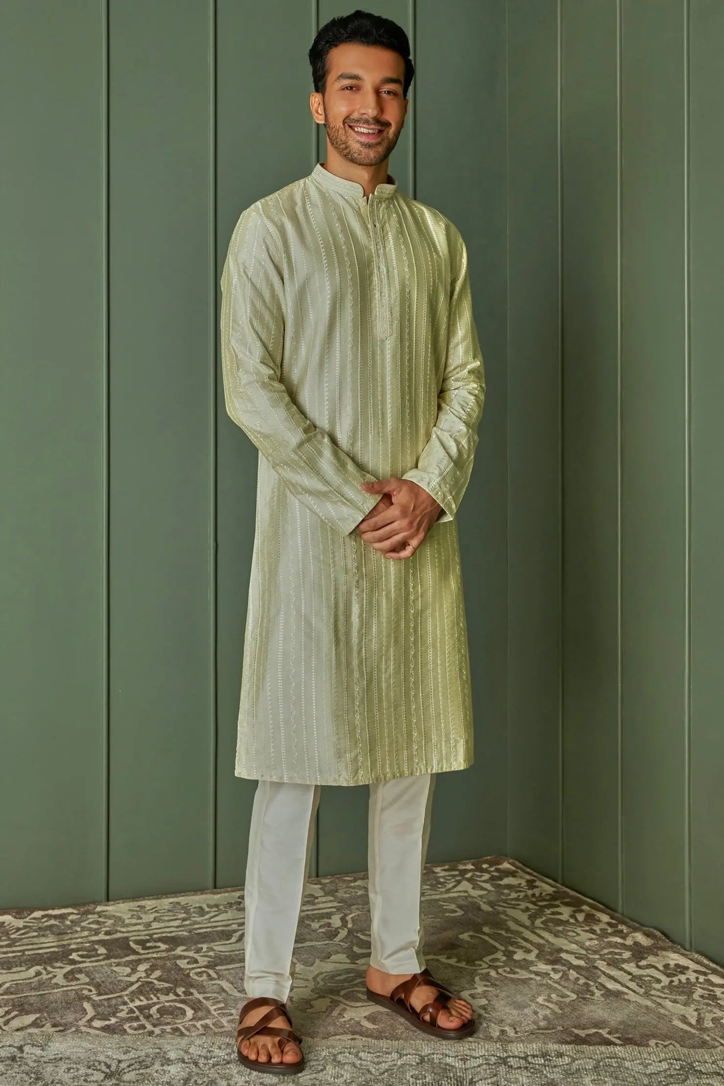Lime Striped Resham Fusion Tussar Silk Kurta