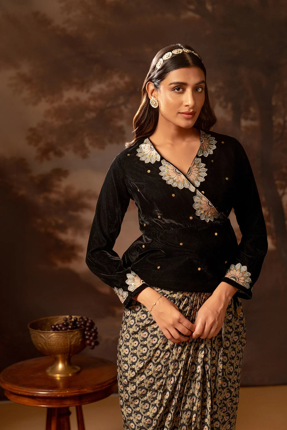 Eraya Embroidered Drape Skirt Set