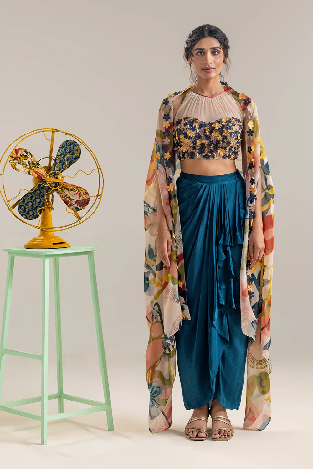 Flora Embroidered Drape Skirt Set with a Cape
