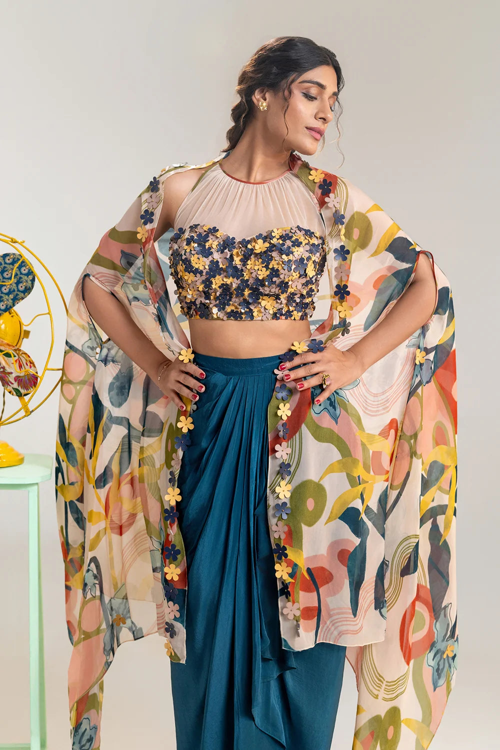 Flora Embroidered Drape Skirt Set with a Cape
