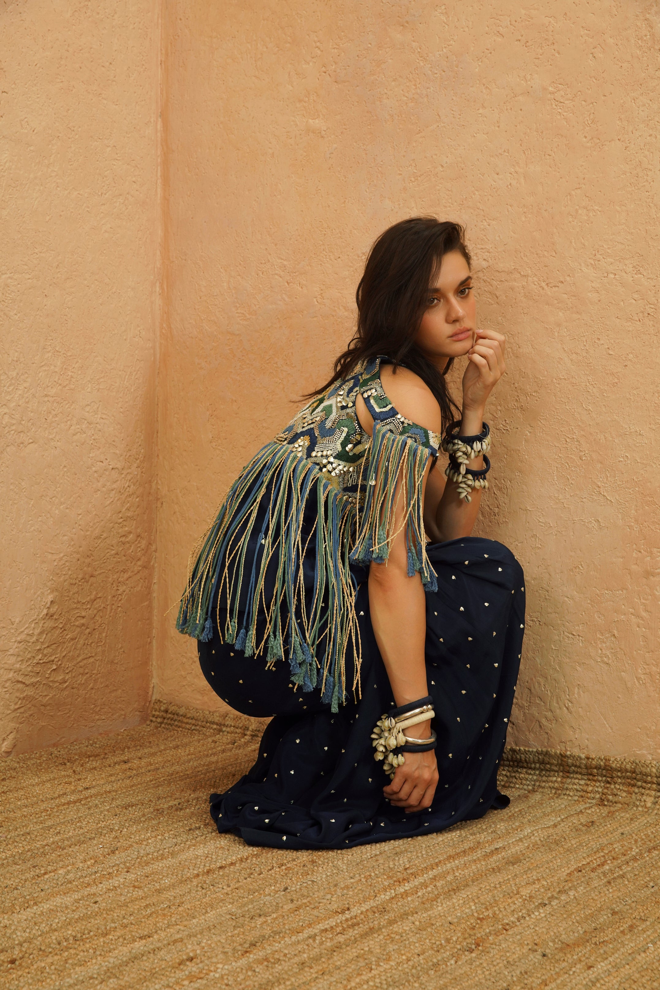 NADIRA COLD SHOULDER FRINGE JACKET AND PANT