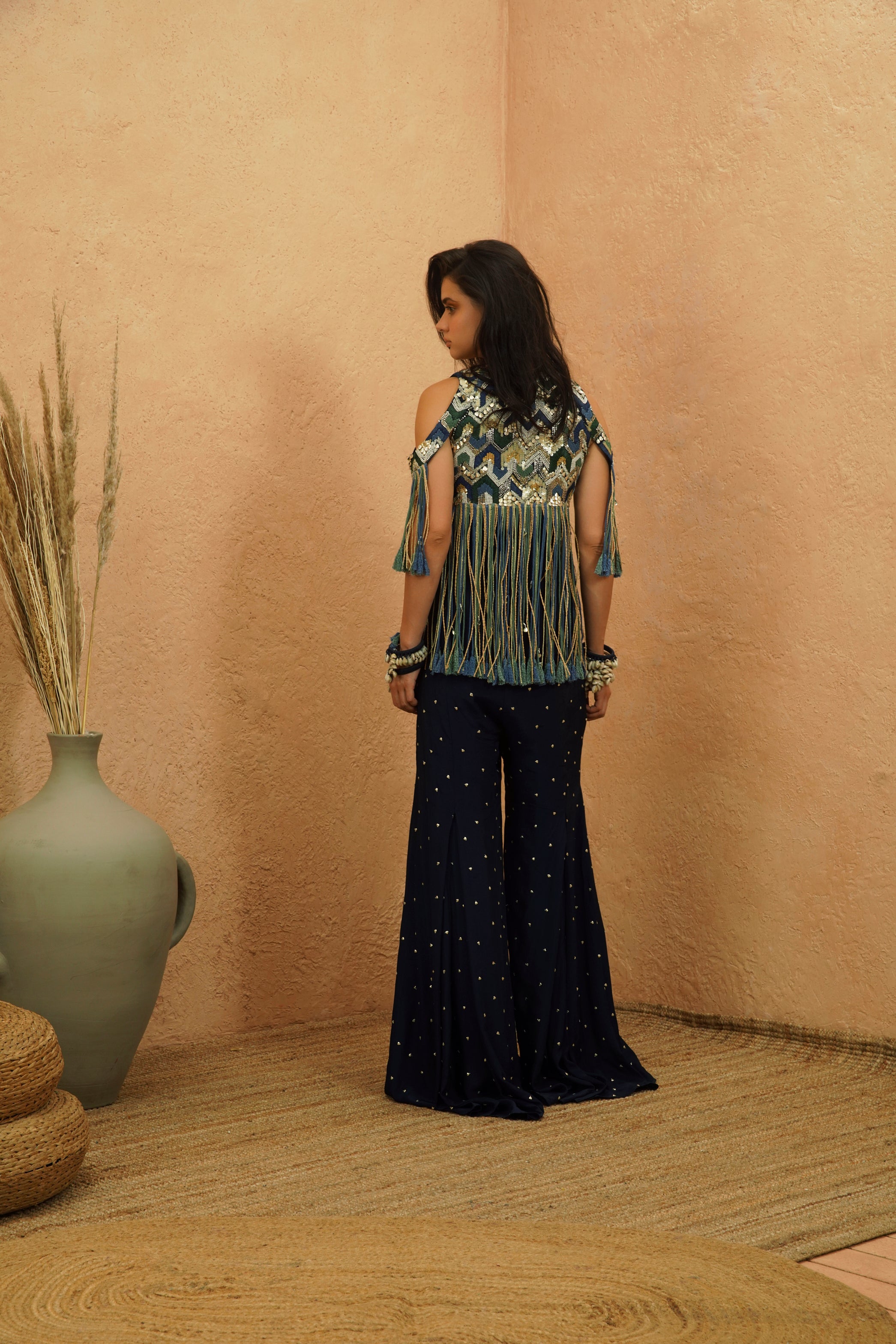 NADIRA COLD SHOULDER FRINGE JACKET AND PANT