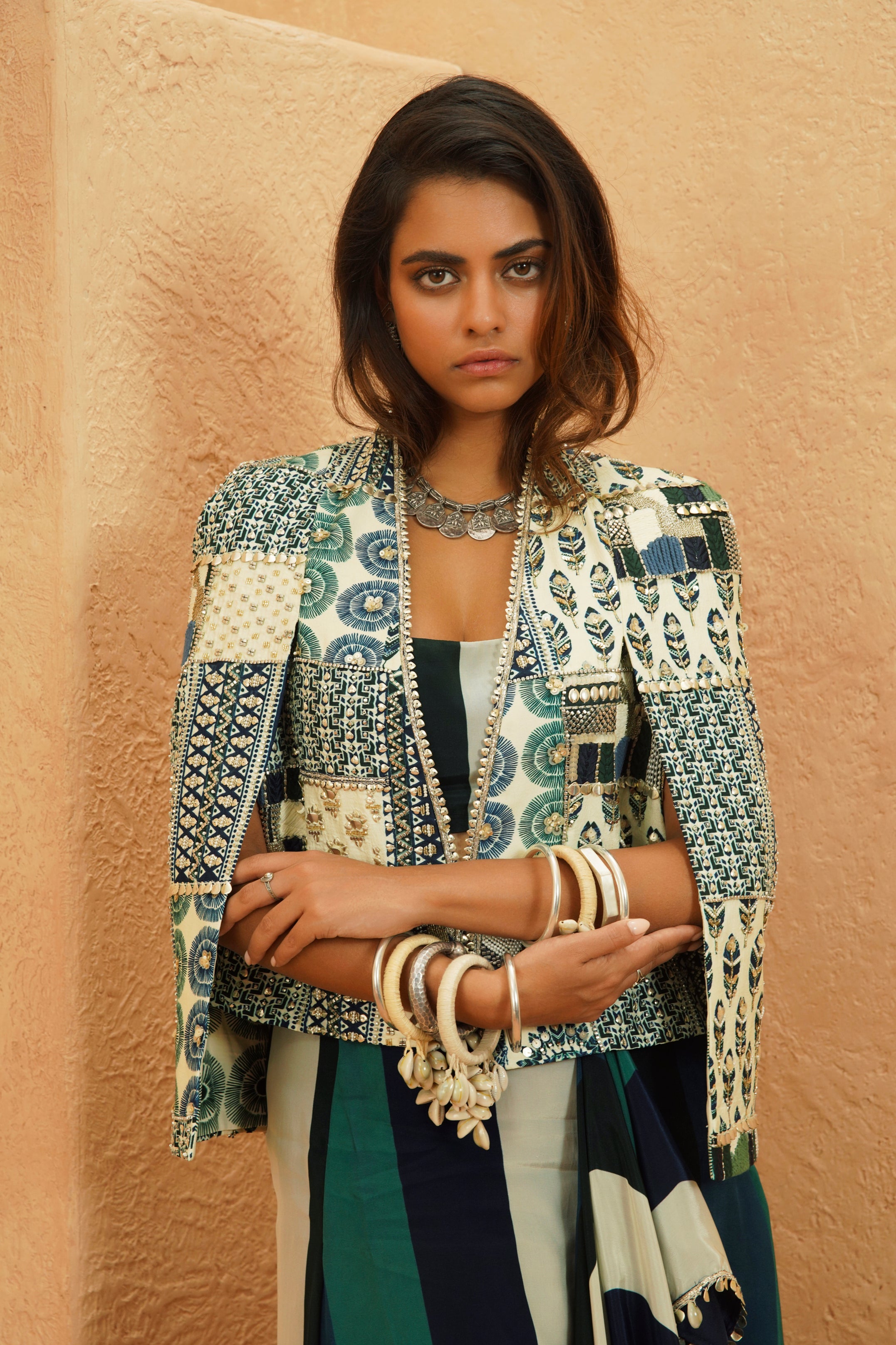 AFREEN CAPE JACKET WITH PRINTED DRAPE SKIRT AND BUSTIER