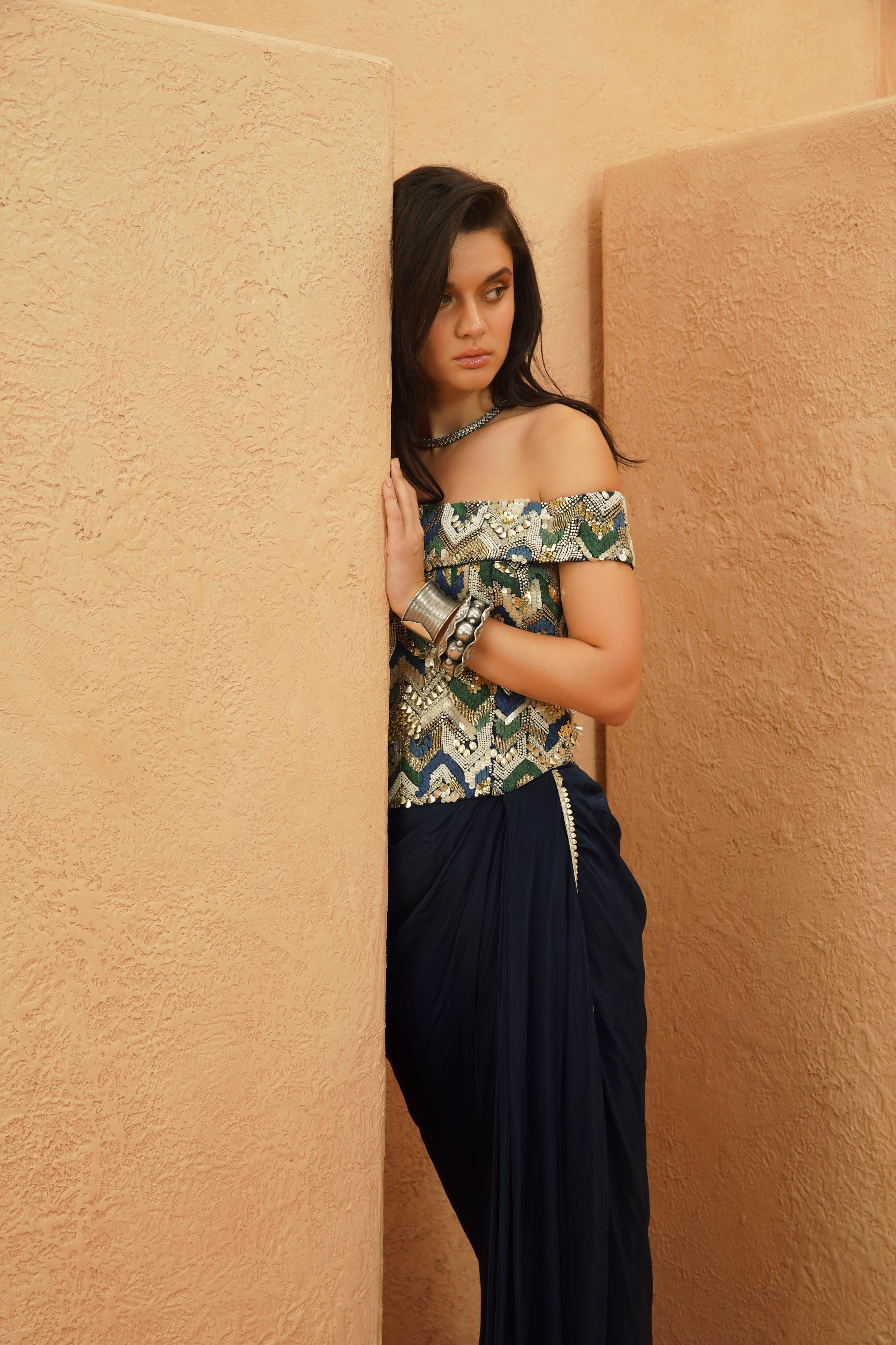 TAHA EMBELLISHED CORSET WITH DRAPE SKIRT