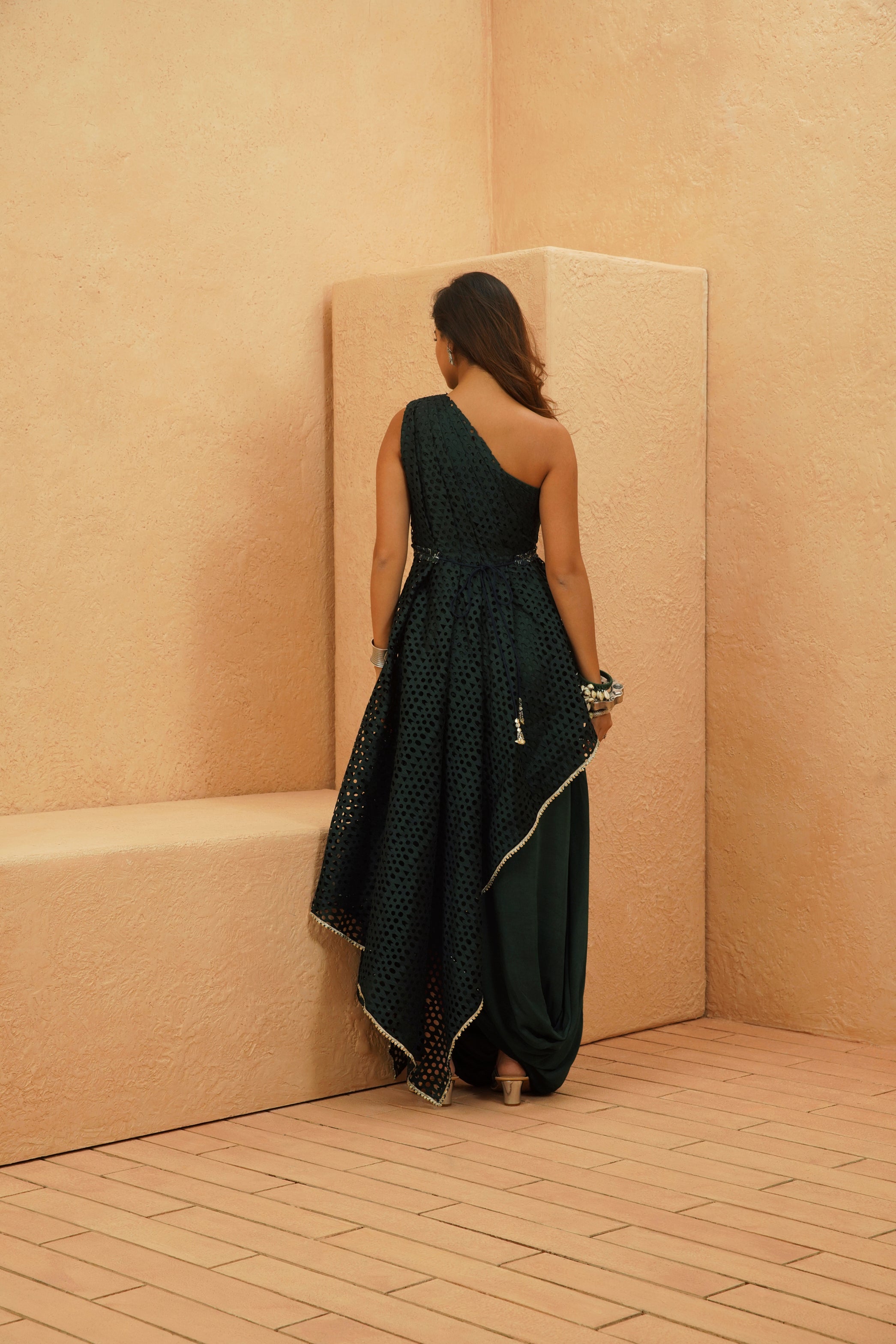 RAYAN CUTWORK ONE SHOULDER DRAPE TOP AND COWL SKIRT