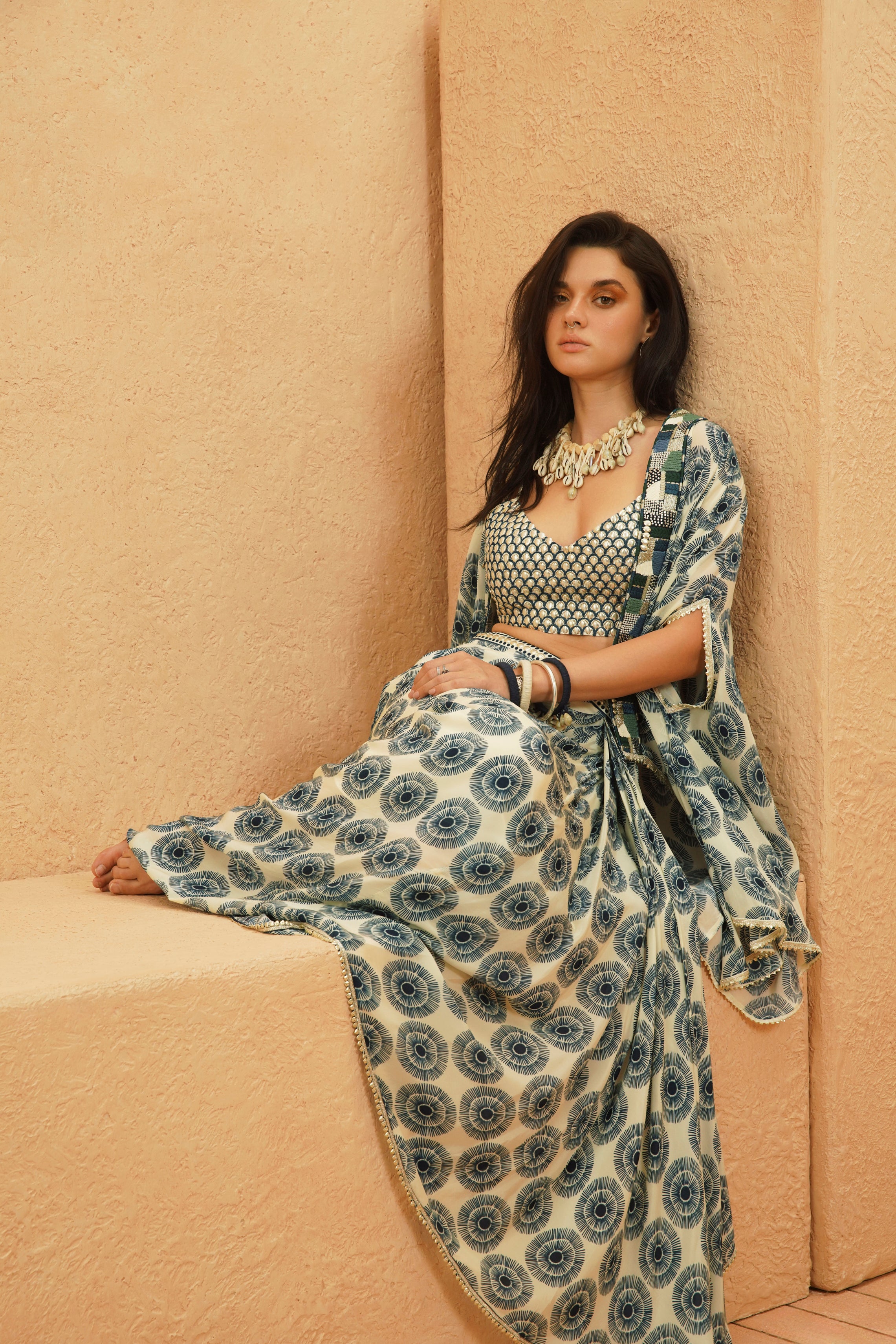 ZAYNA CAPE WITH METALLIC BUSTIER AND DRAPE SKIRT