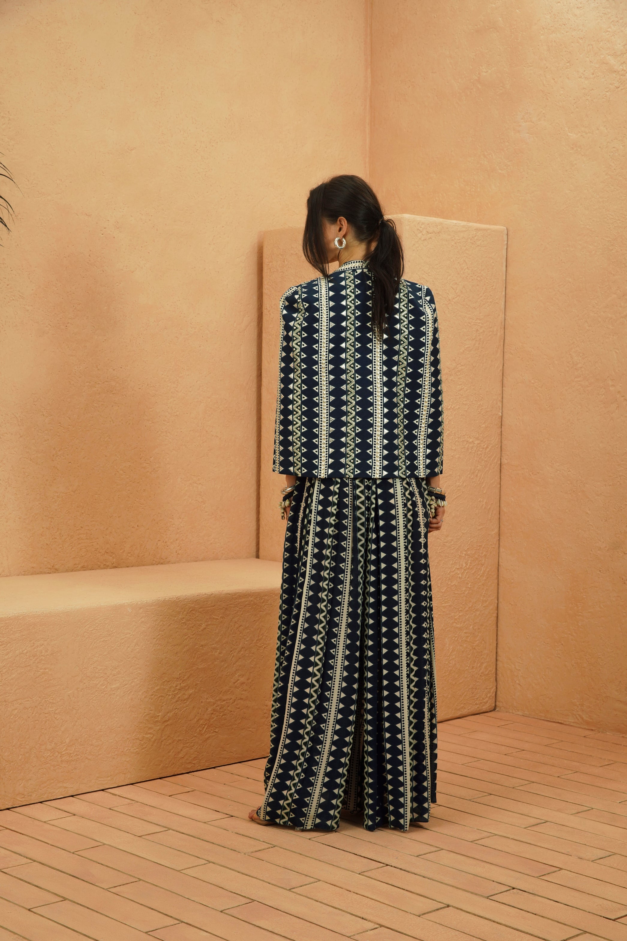 NOURA EMBELLISHED CAPE JACKET WITH BUSTIER AND FLARED PANT