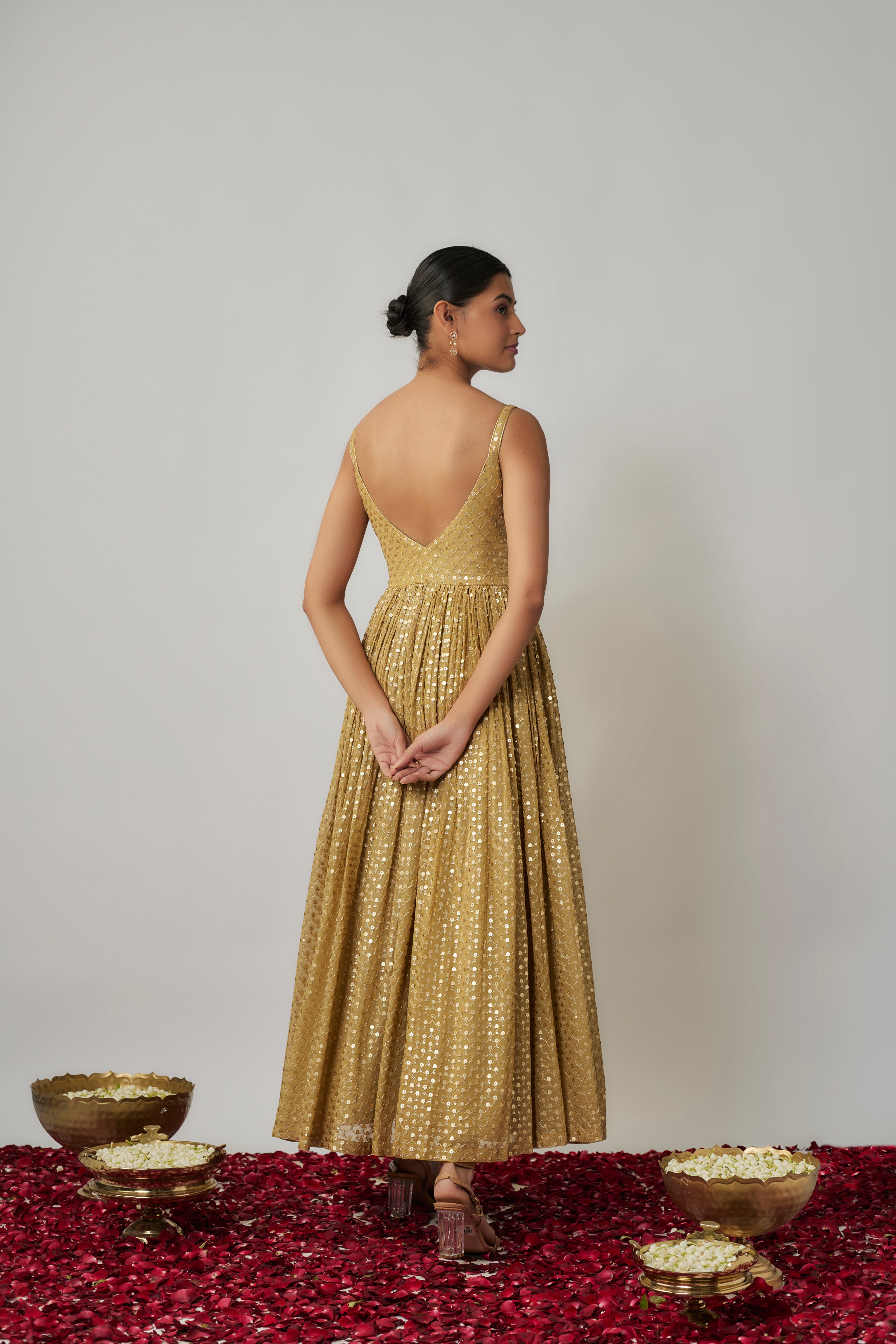 Champagne gold sequin embroidered georgette anarkali suit set