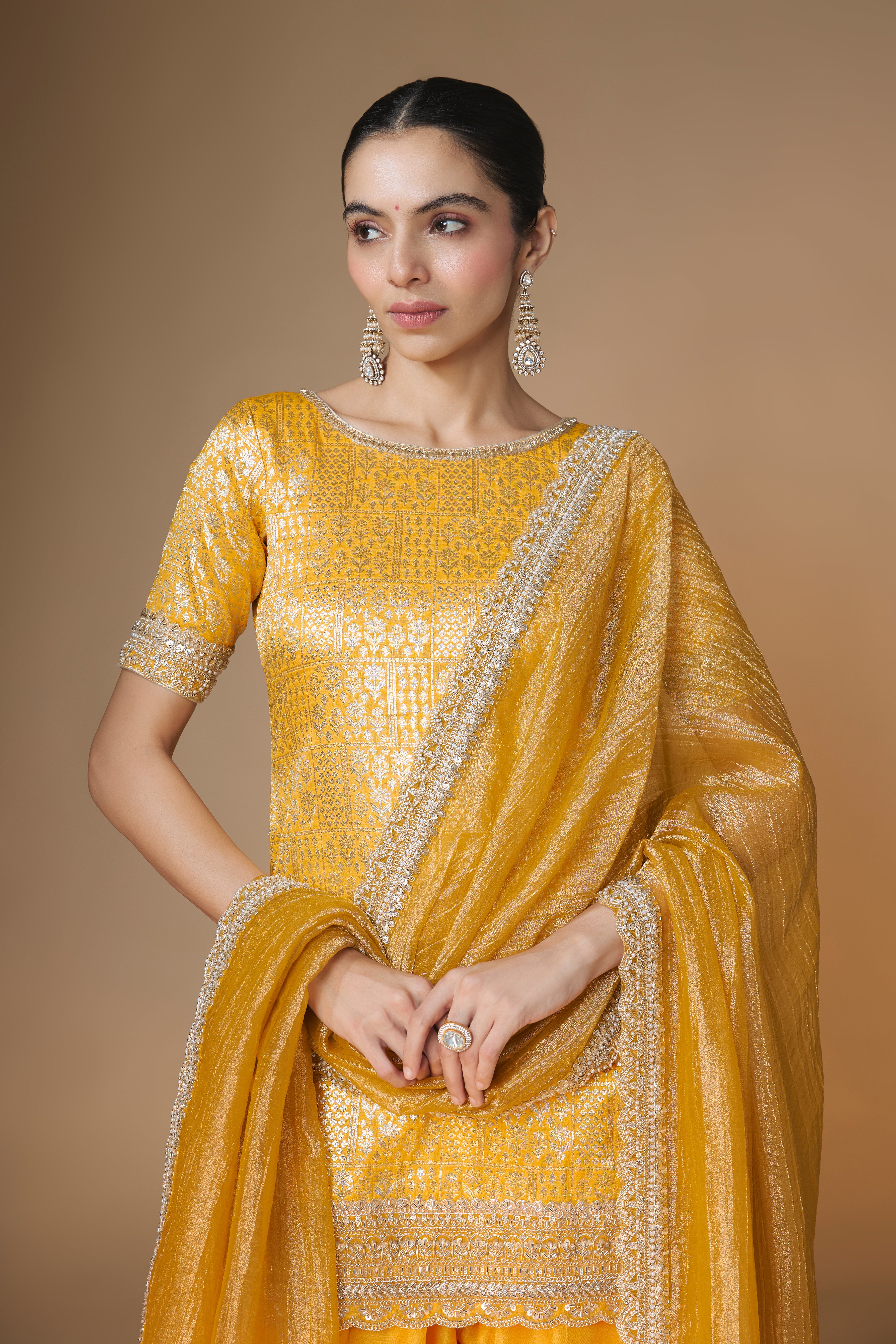 Sunset yellow brocade kurta and farshi salwar set