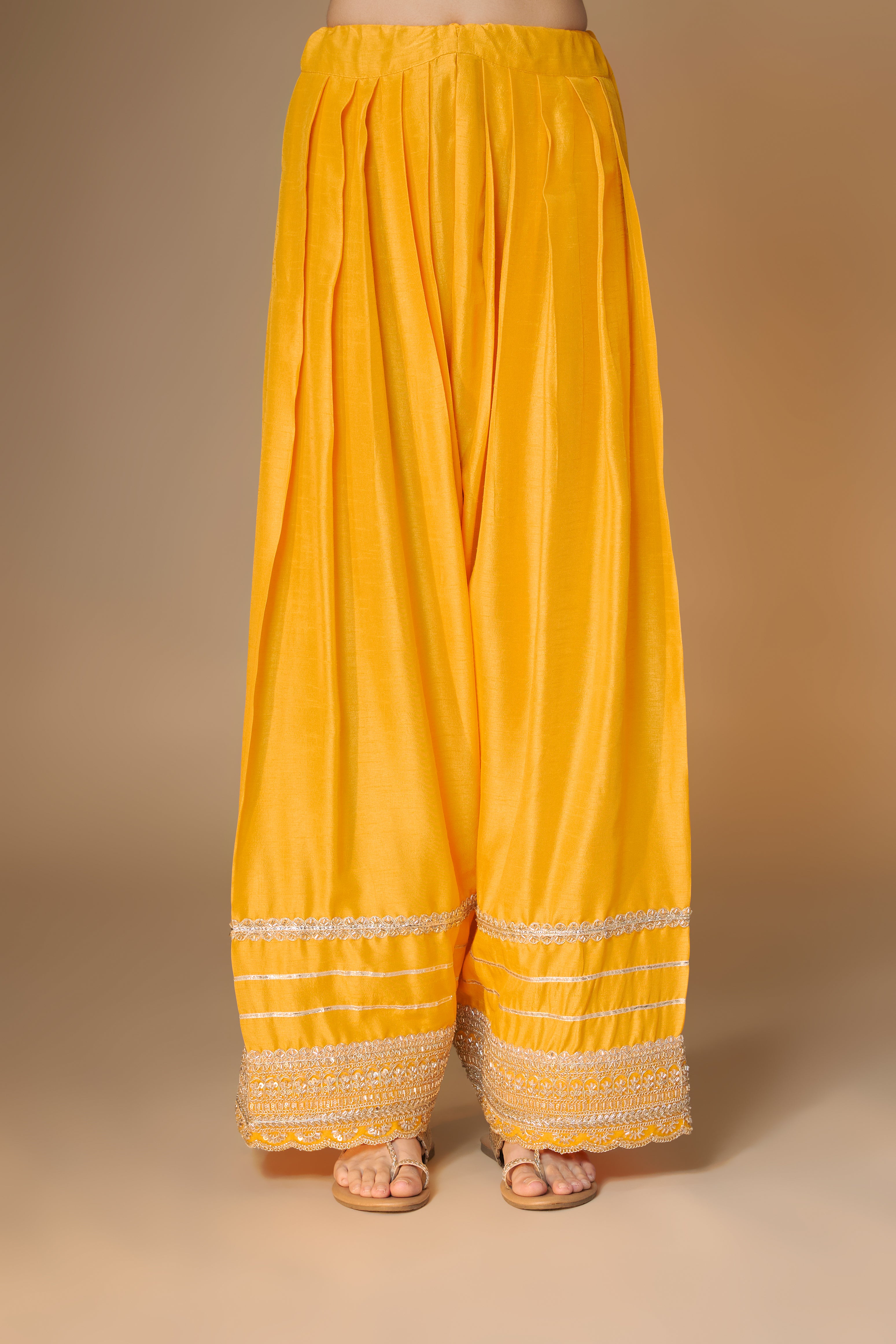 Sunset yellow brocade kurta and farshi salwar set