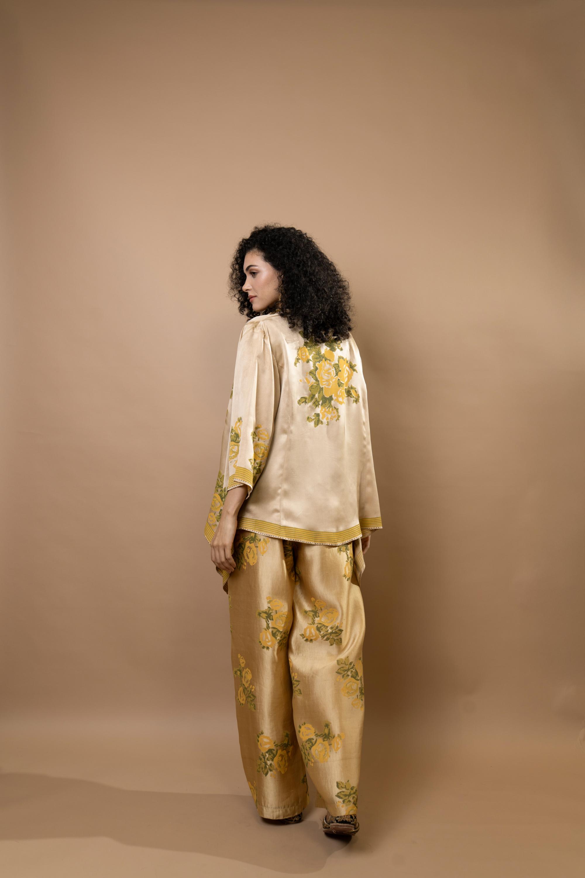 block-printed jacket with rosettes