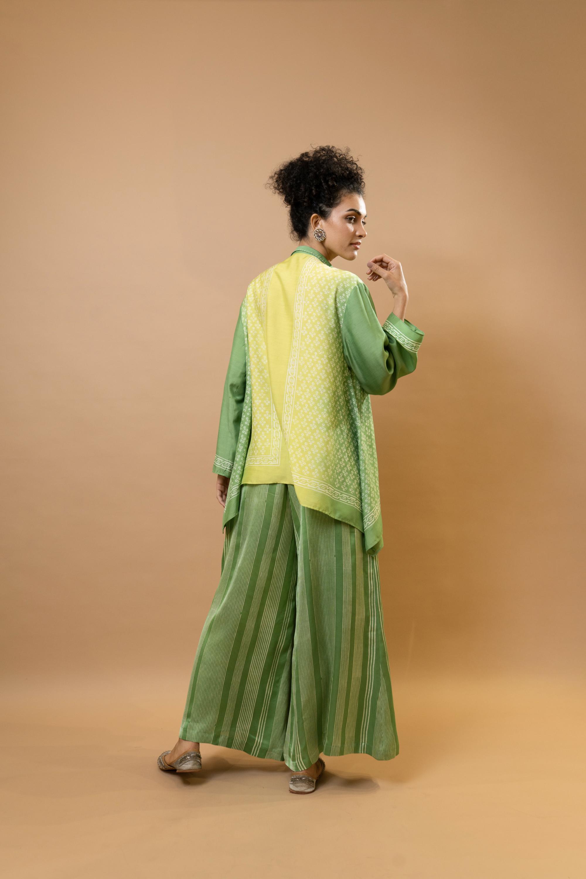lime green ombre block-printed asymmetric shirt