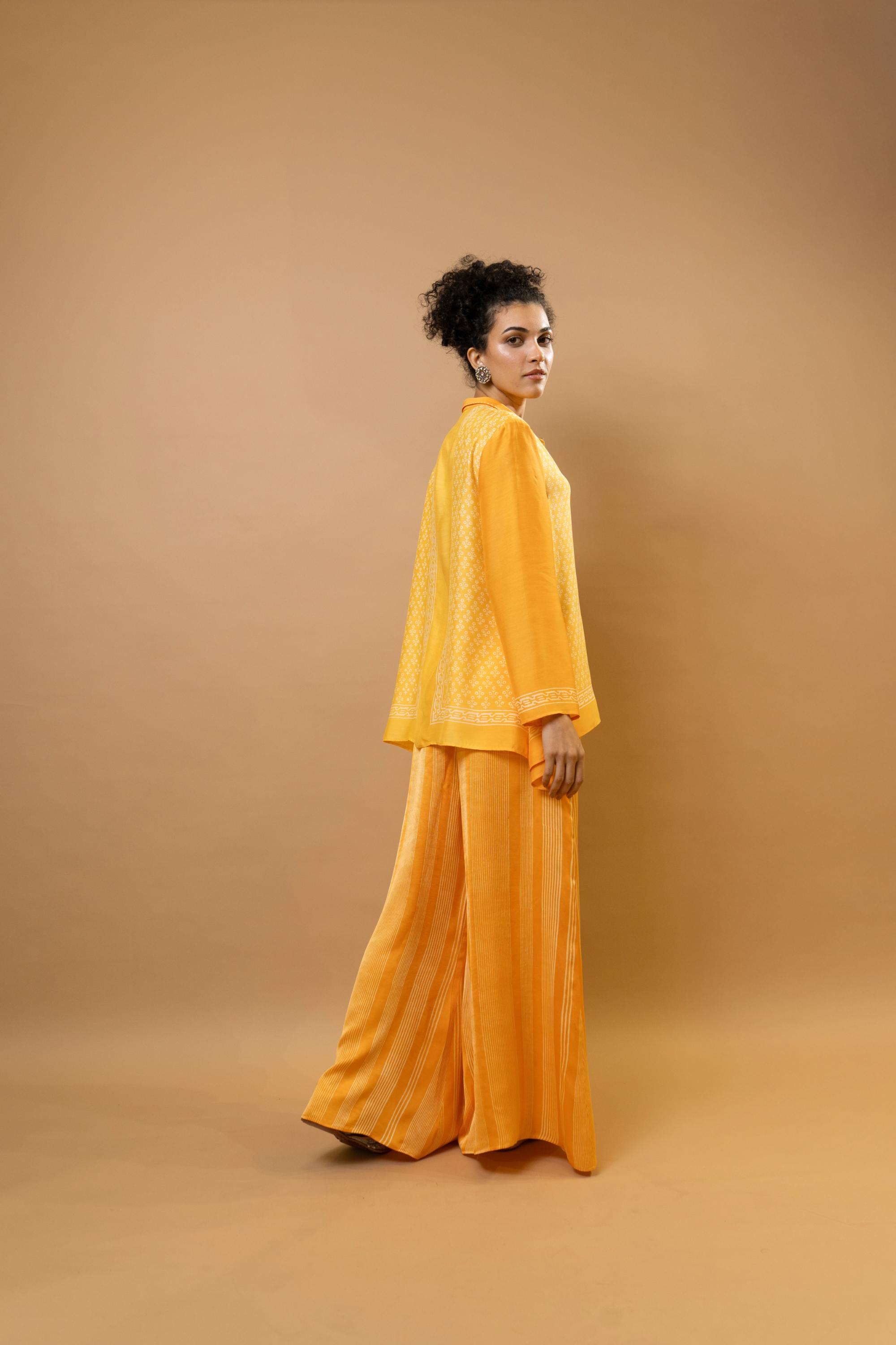 Yellow - orange ombre block-printed asymmetric shirt
