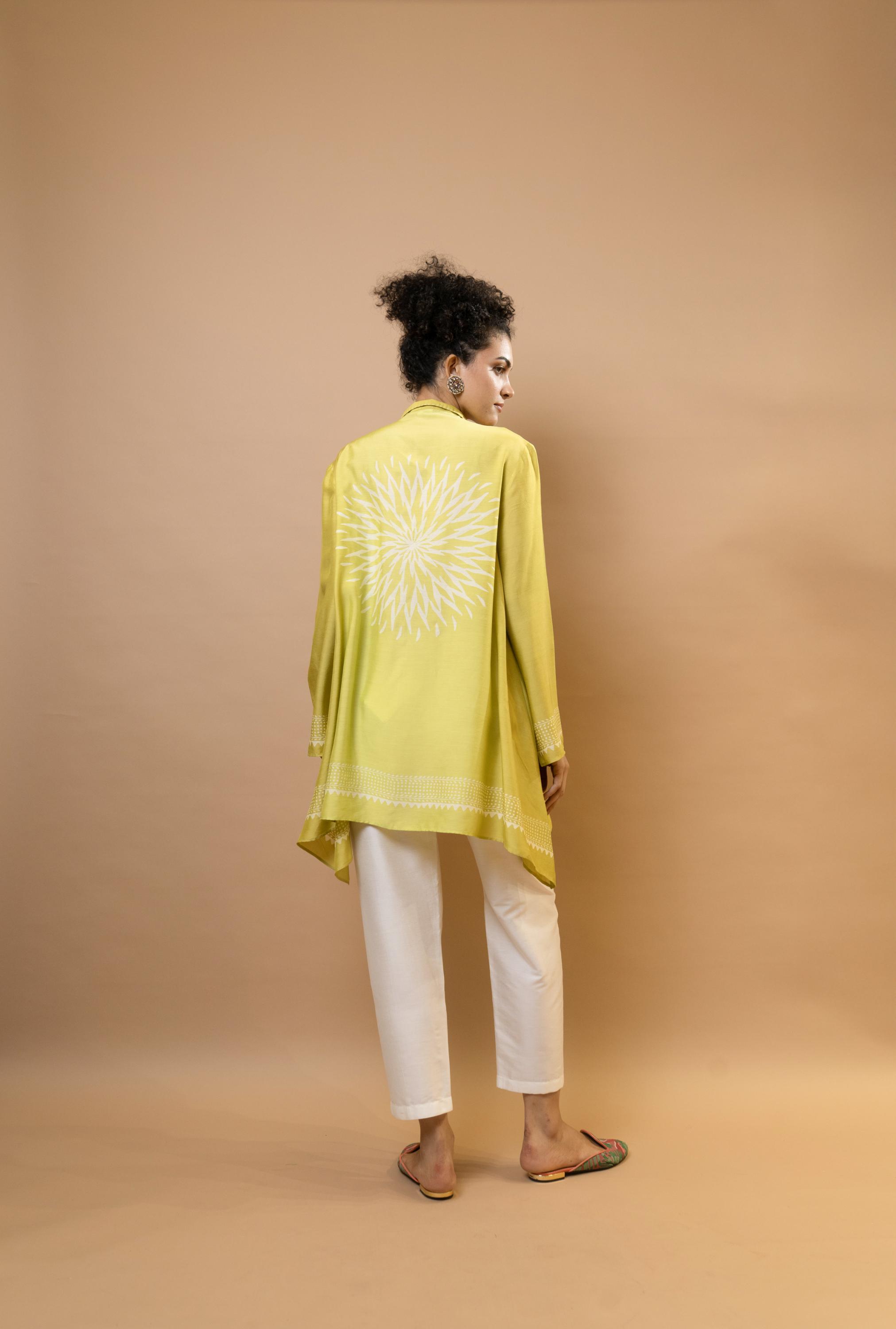 Olive lime ombre block-printed asymmetric shirt