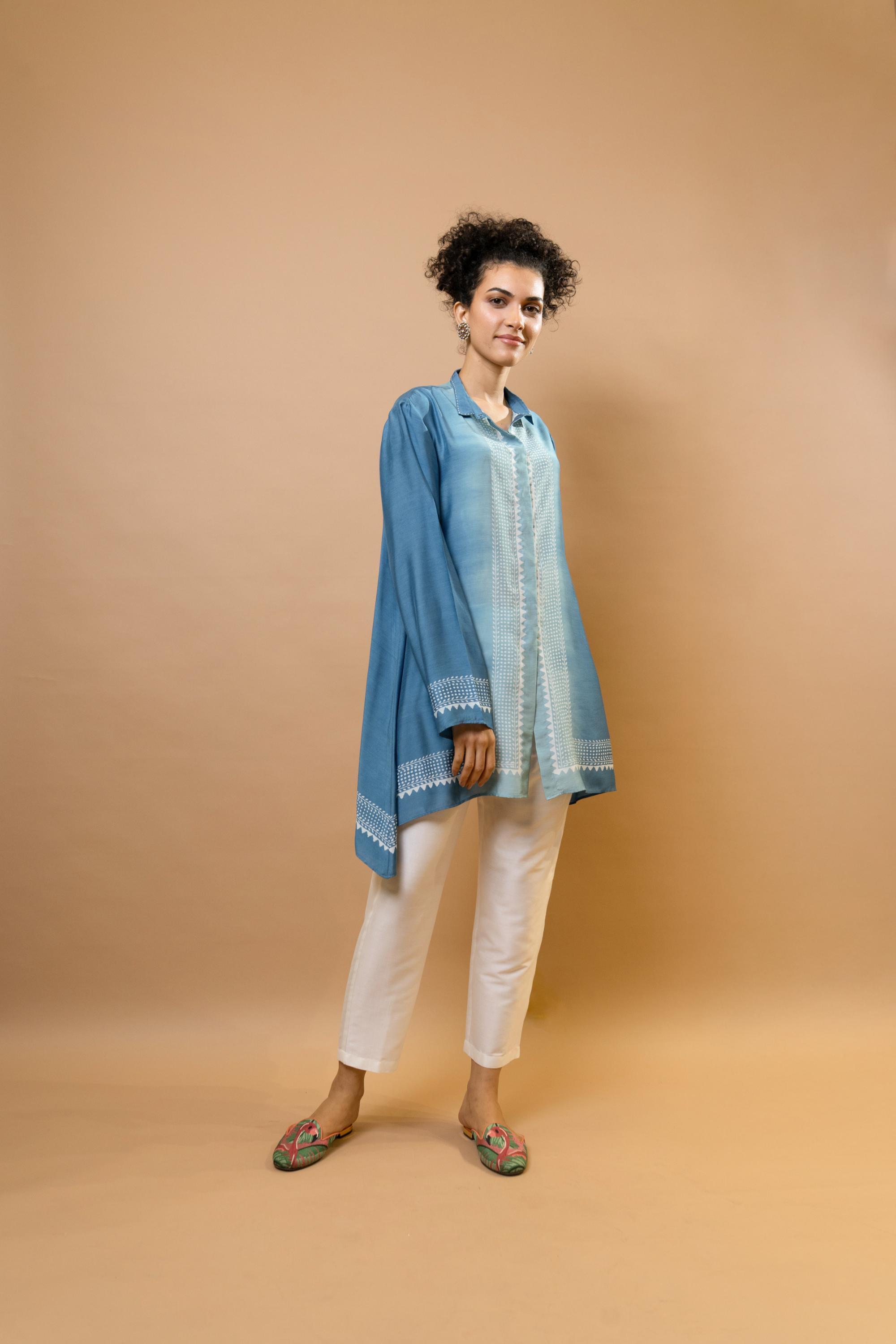 An indigo stylish ombre block-printed asymmetric shirt