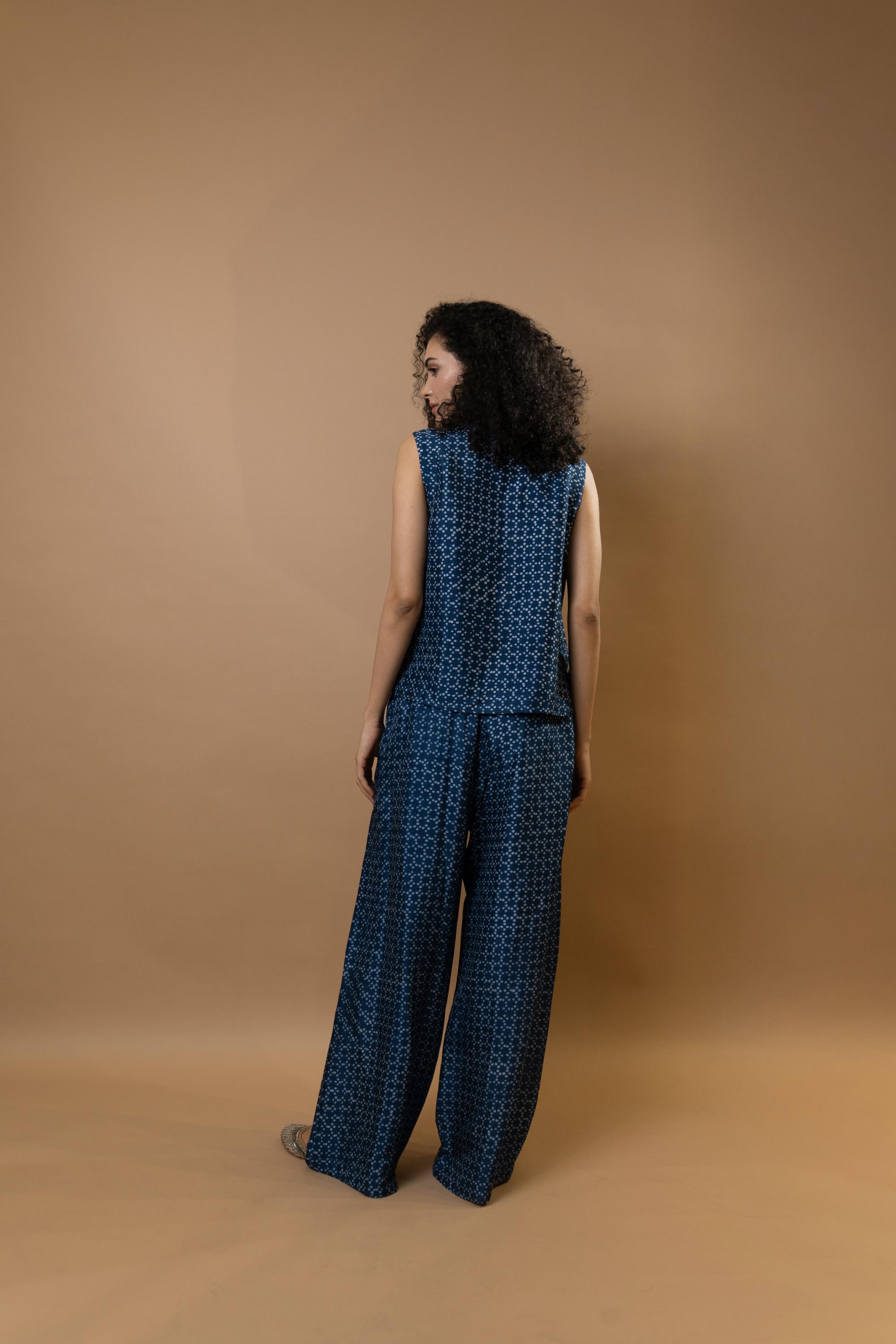 Indigo block-printed sleeveless blouse