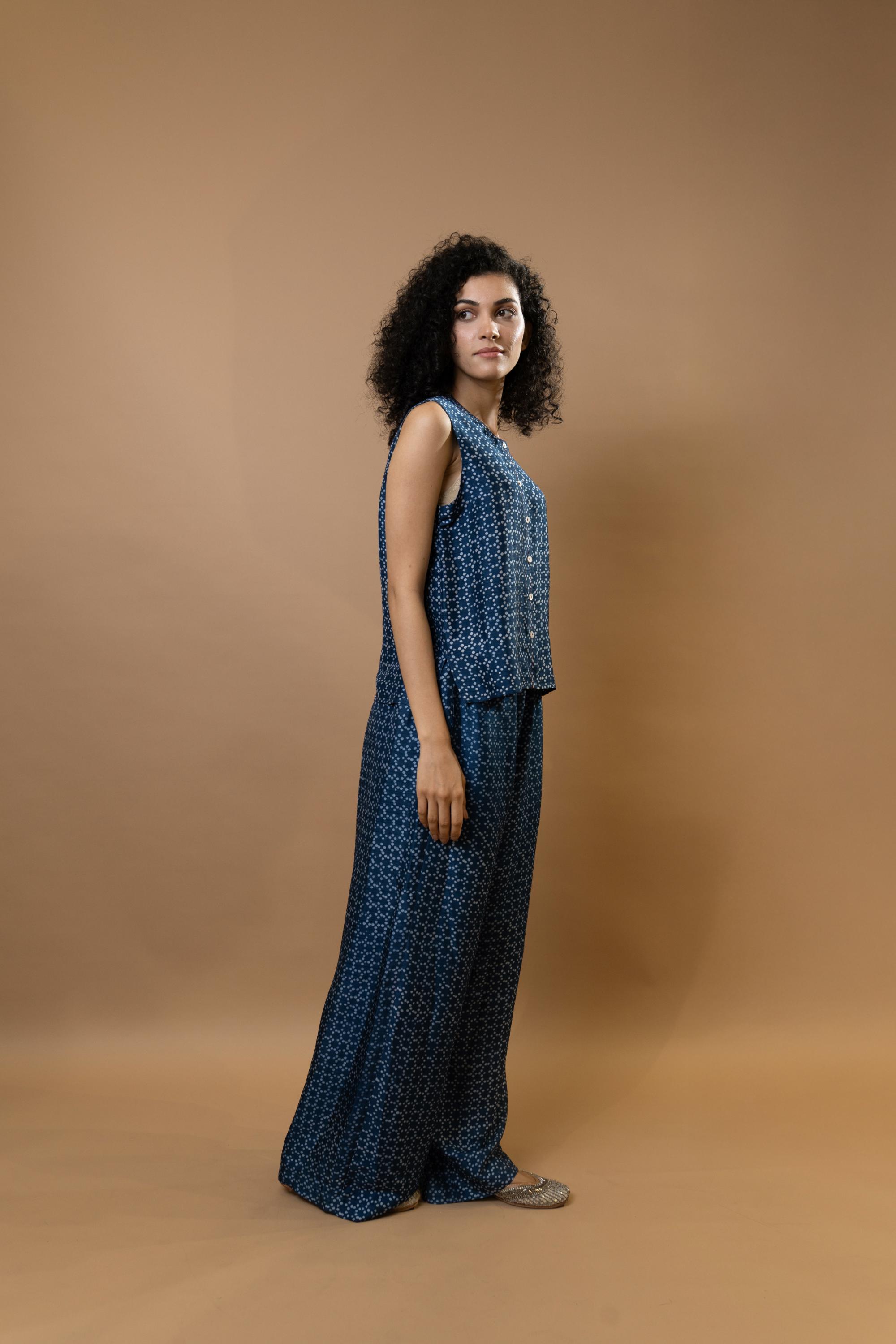 Indigo block-printed sleeveless blouse