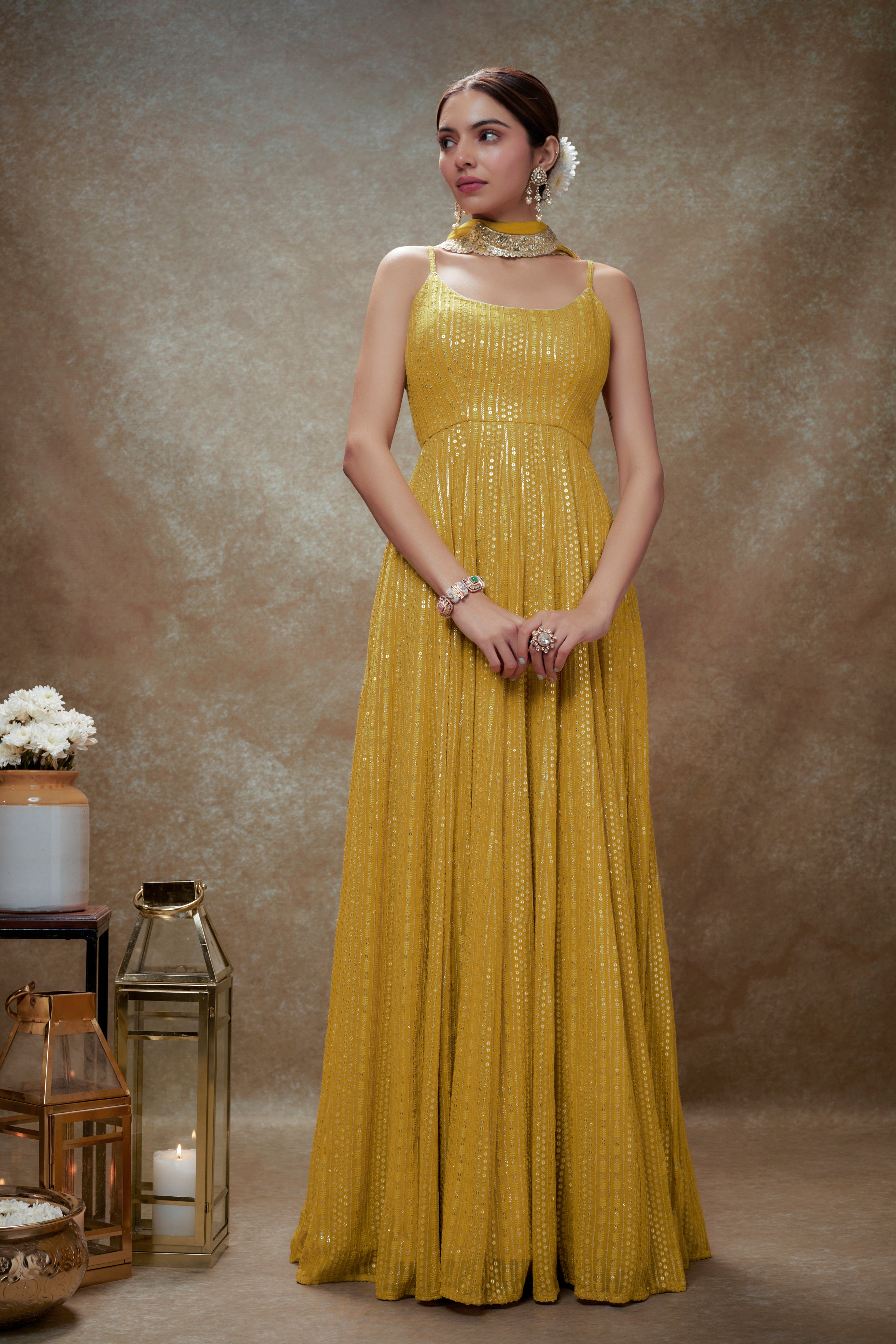 Haldi & gold sequin anarkali gown