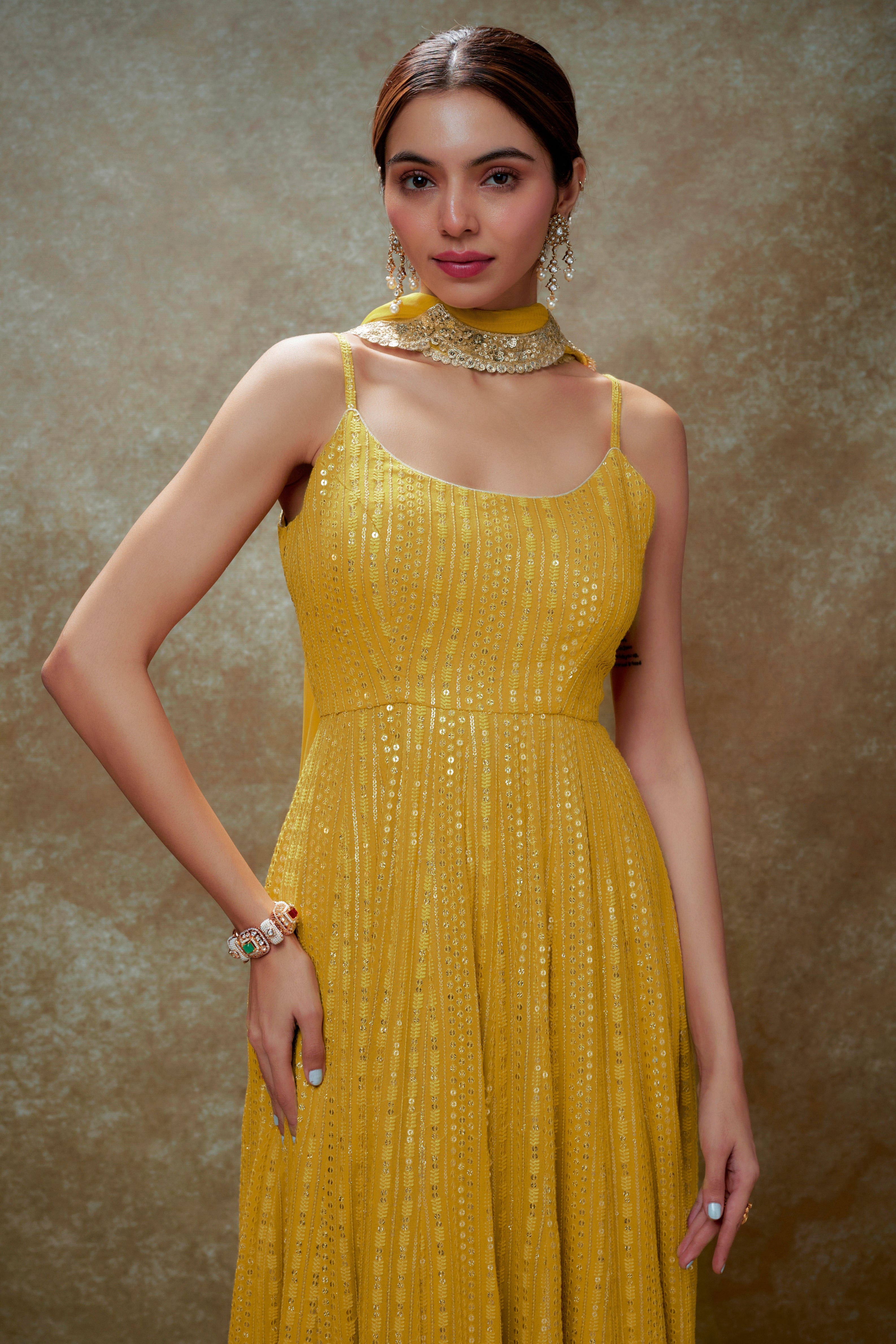 Haldi & gold sequin anarkali gown