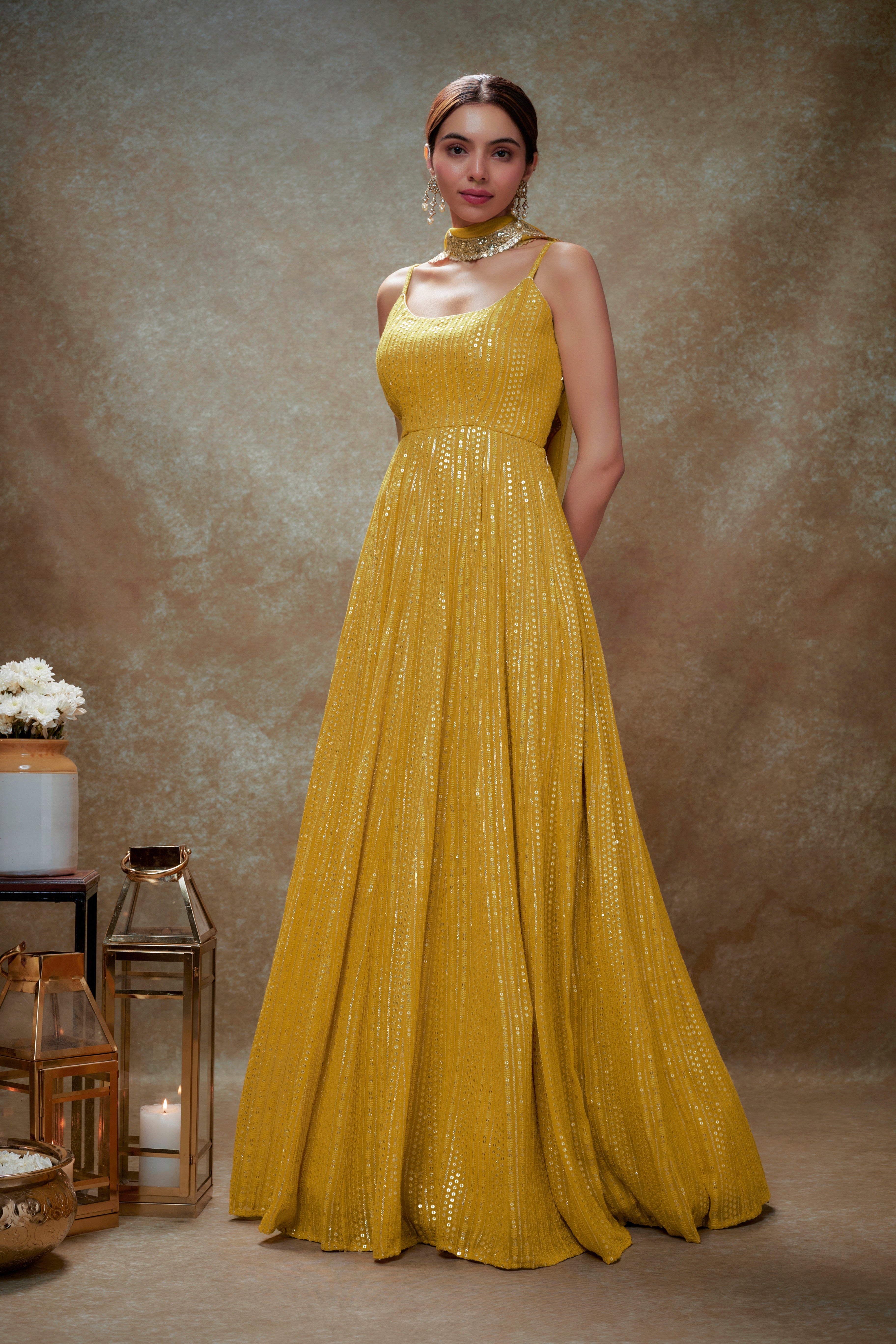 Haldi & gold sequin anarkali gown
