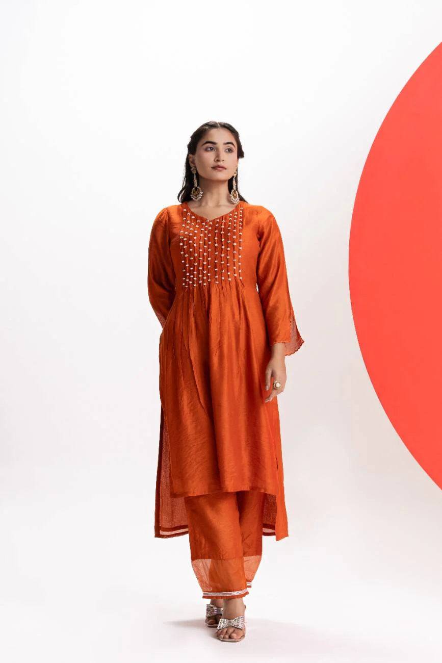 ORANGE PLEATED KURTA PANT