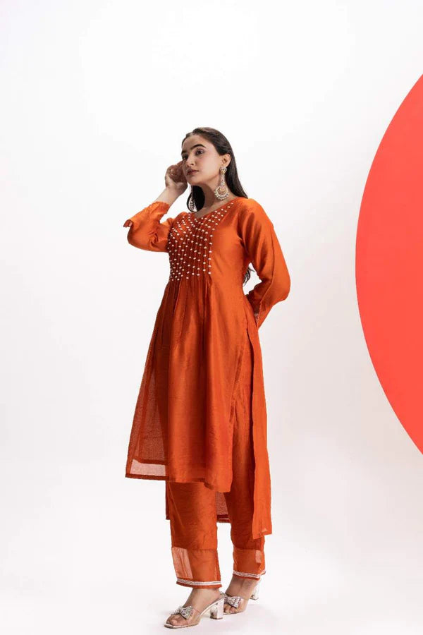 ORANGE PLEATED KURTA PANT