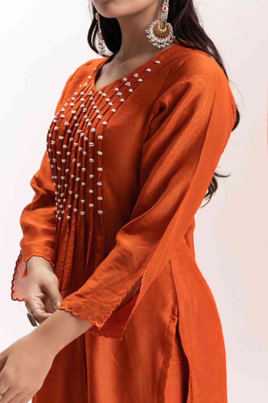 ORANGE PLEATED KURTA PANT