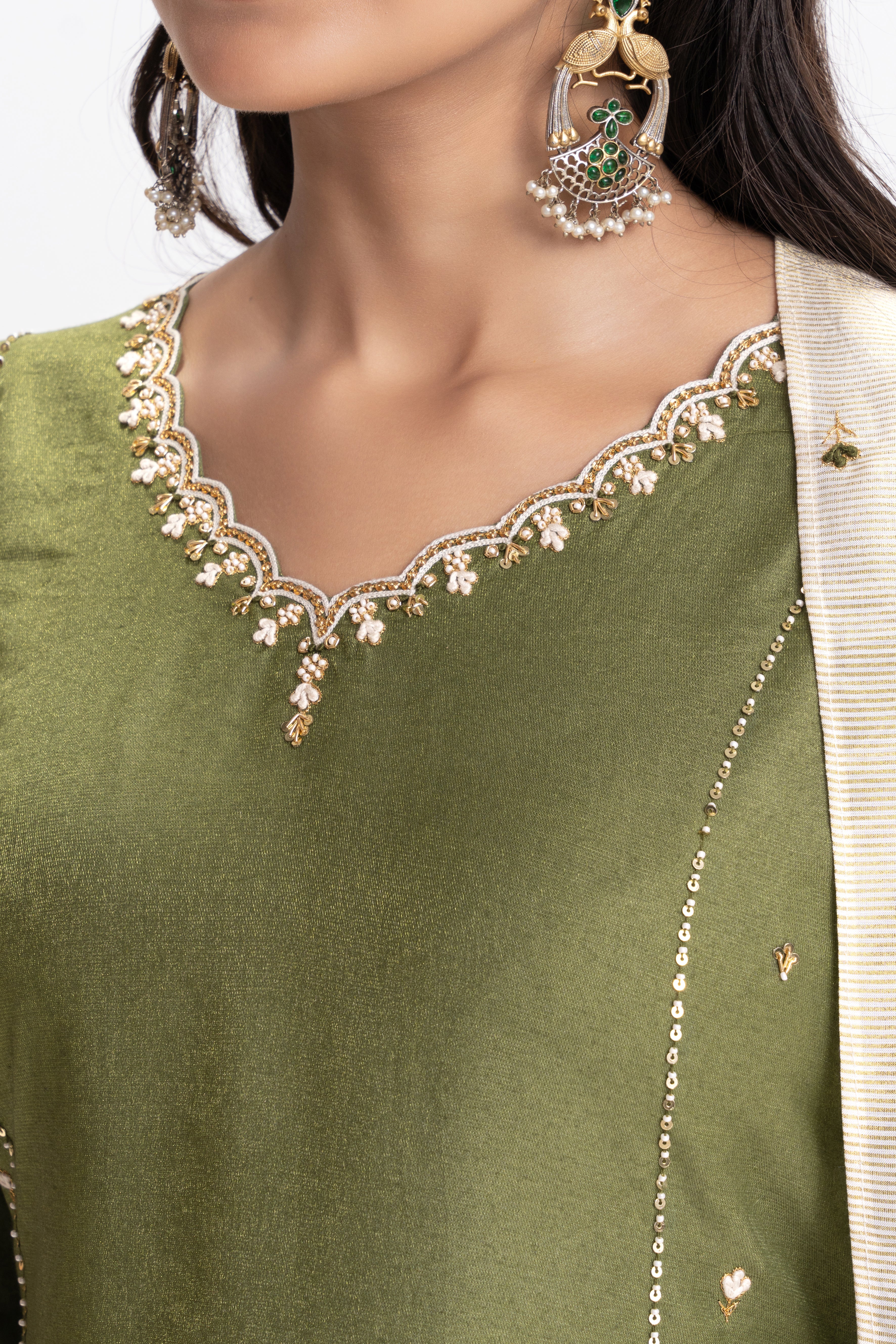 CHANDERI DOUBLE KALI EMBROIDERED KURTA PANT SET
