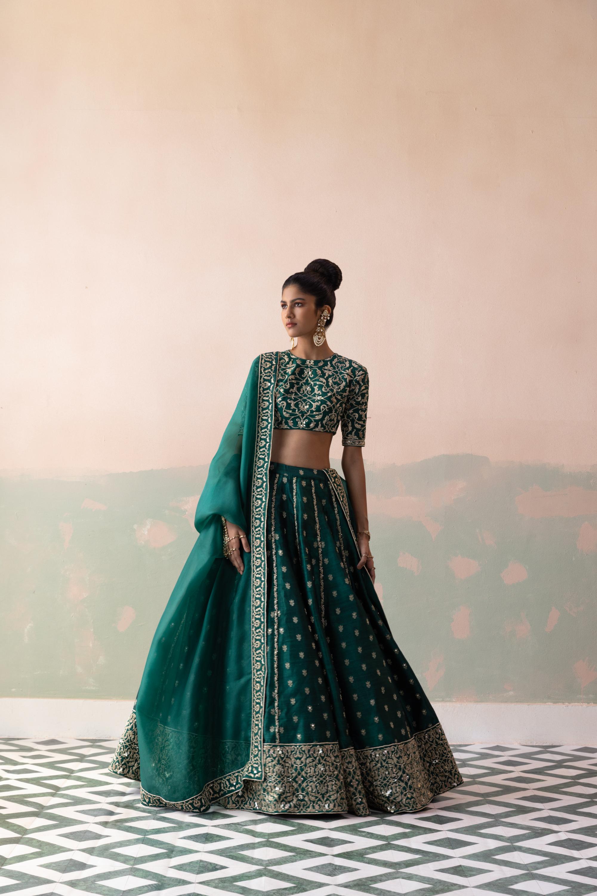 Benarasi Raw Silk Buti Lehenga with Brass Jaal Blouse & Organza Dupatta