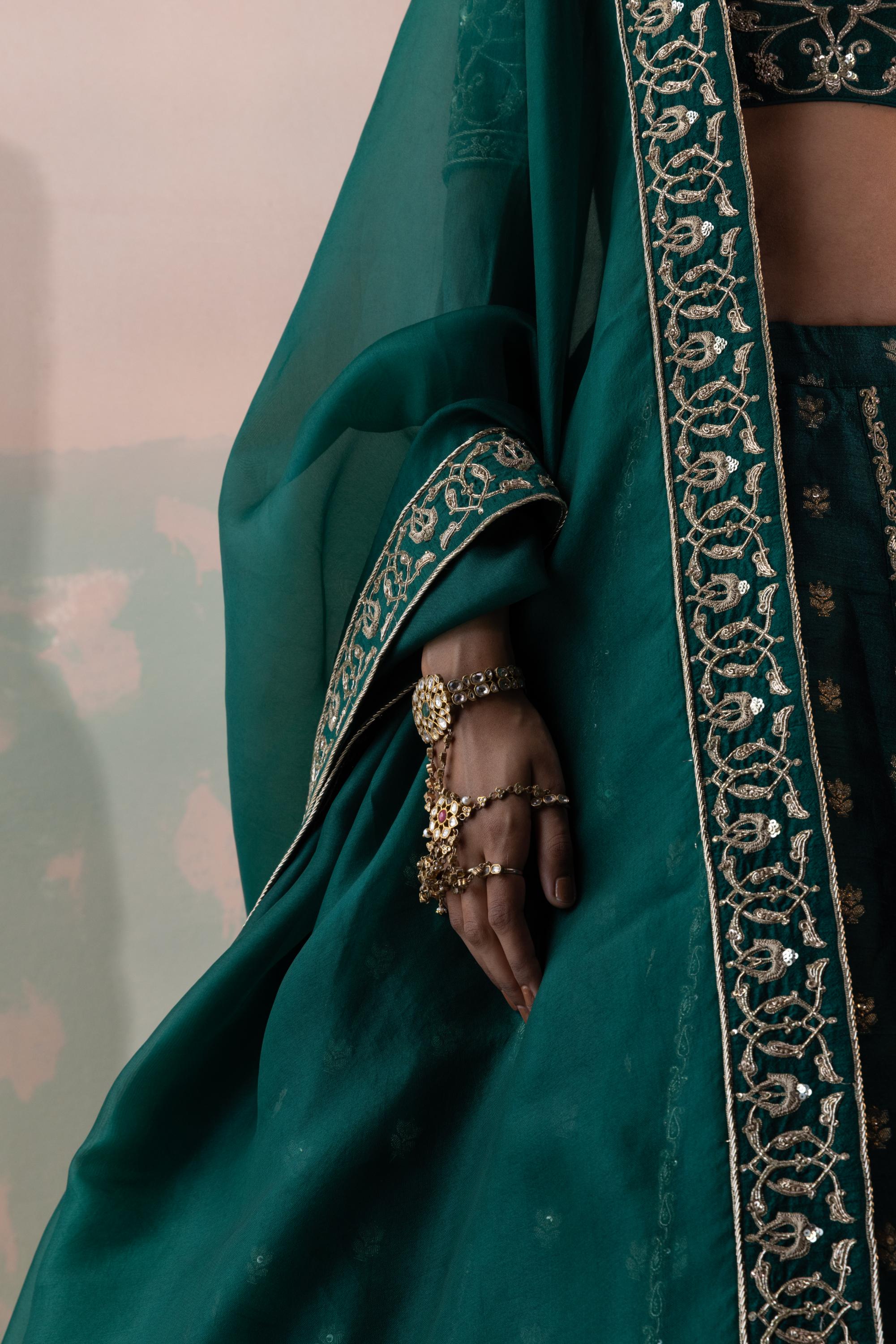 Benarasi Raw Silk Buti Lehenga with Brass Jaal Blouse & Organza Dupatta