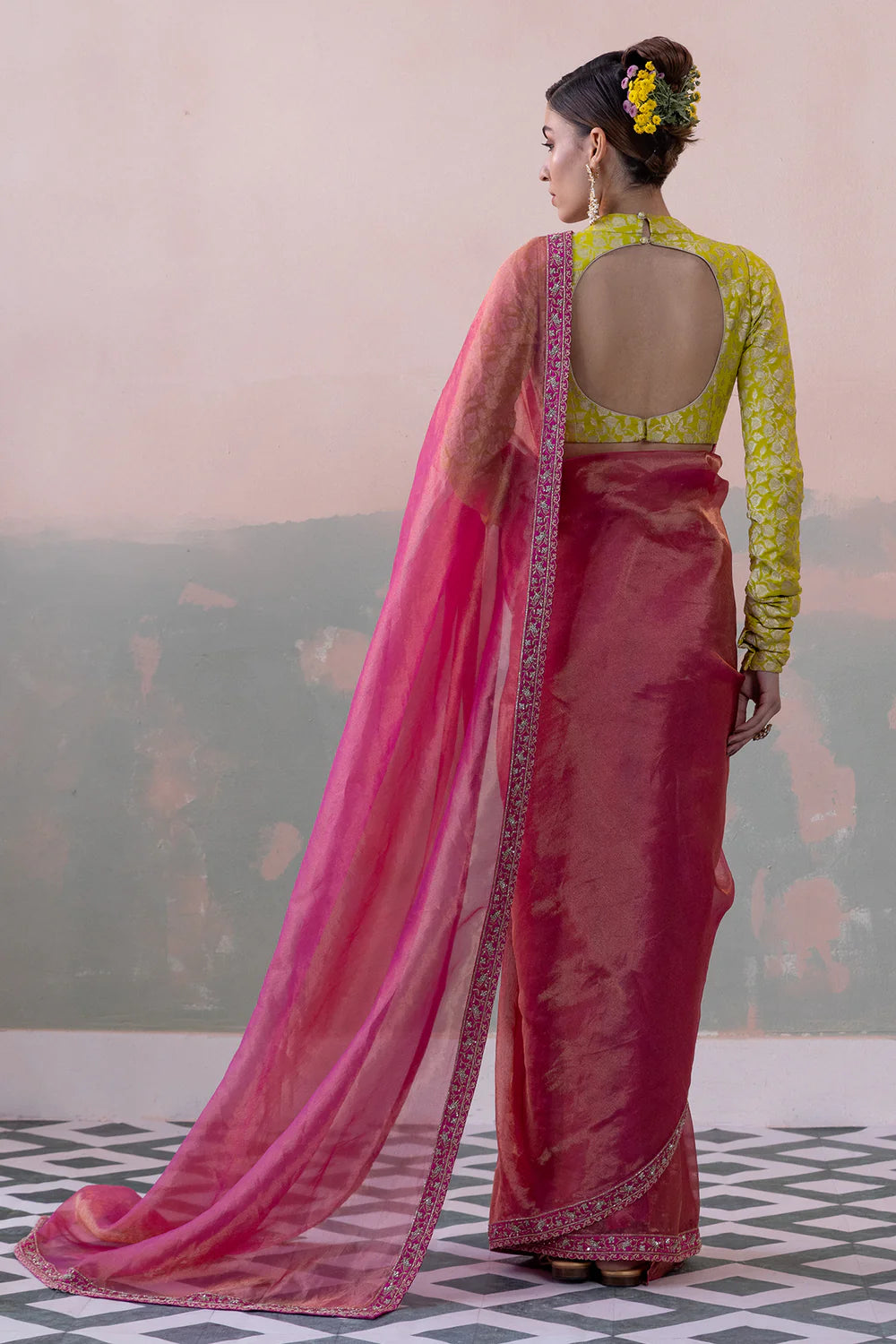 Tissue Silk Saree with Bengaluru Silk Tulip Jaal Blouse & Petticoat