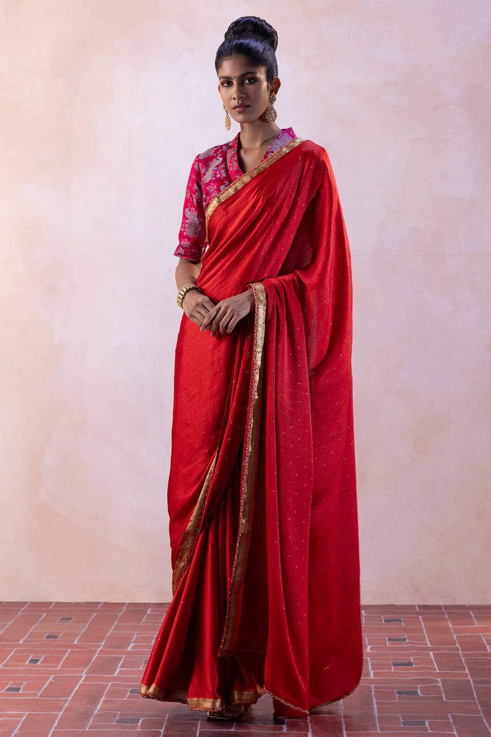 Silk Satin Polka Dot Saree with Tilfi Peacock Jaal Blouse & Petticoat