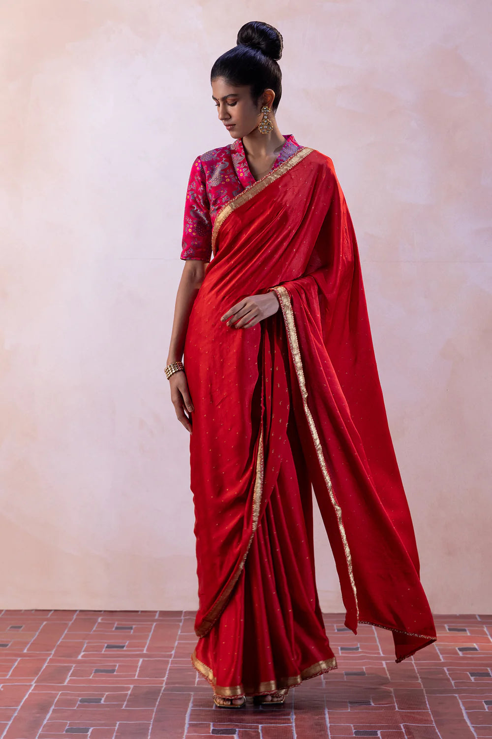 Silk Satin Polka Dot Saree with Tilfi Peacock Jaal Blouse & Petticoat