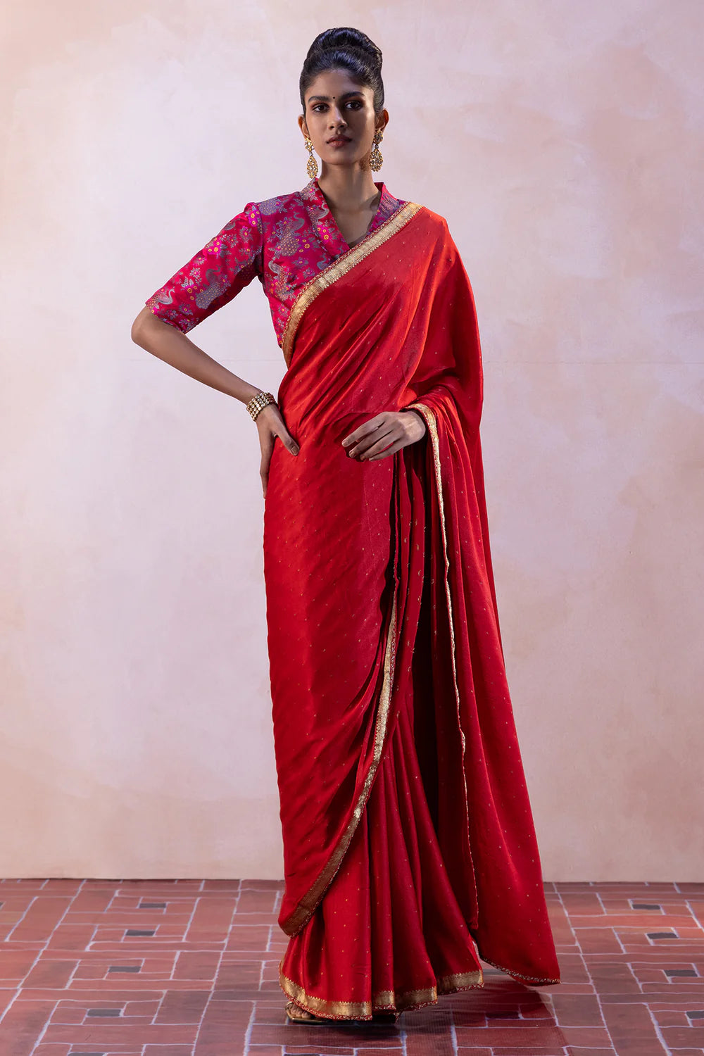 Silk Satin Polka Dot Saree with Tilfi Peacock Jaal Blouse & Petticoat