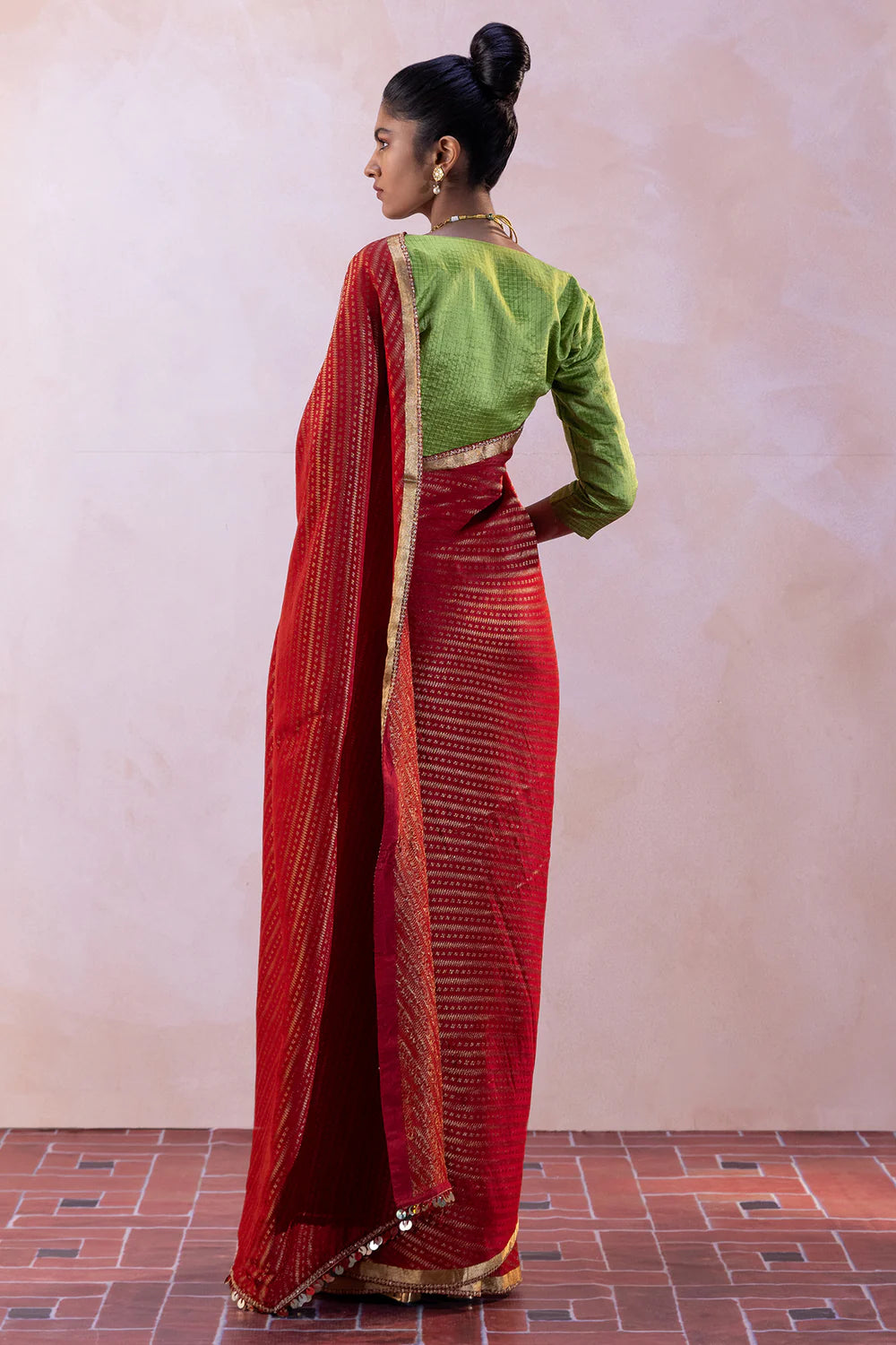 Silk Satin Striped Saree with Zari Raw Silk Tiny Checks Blouse & Petticoat