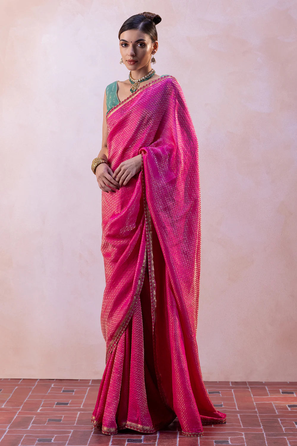 Silk Satin Checked Saree with Zari Tissue Stripe Blouse & Petticoat