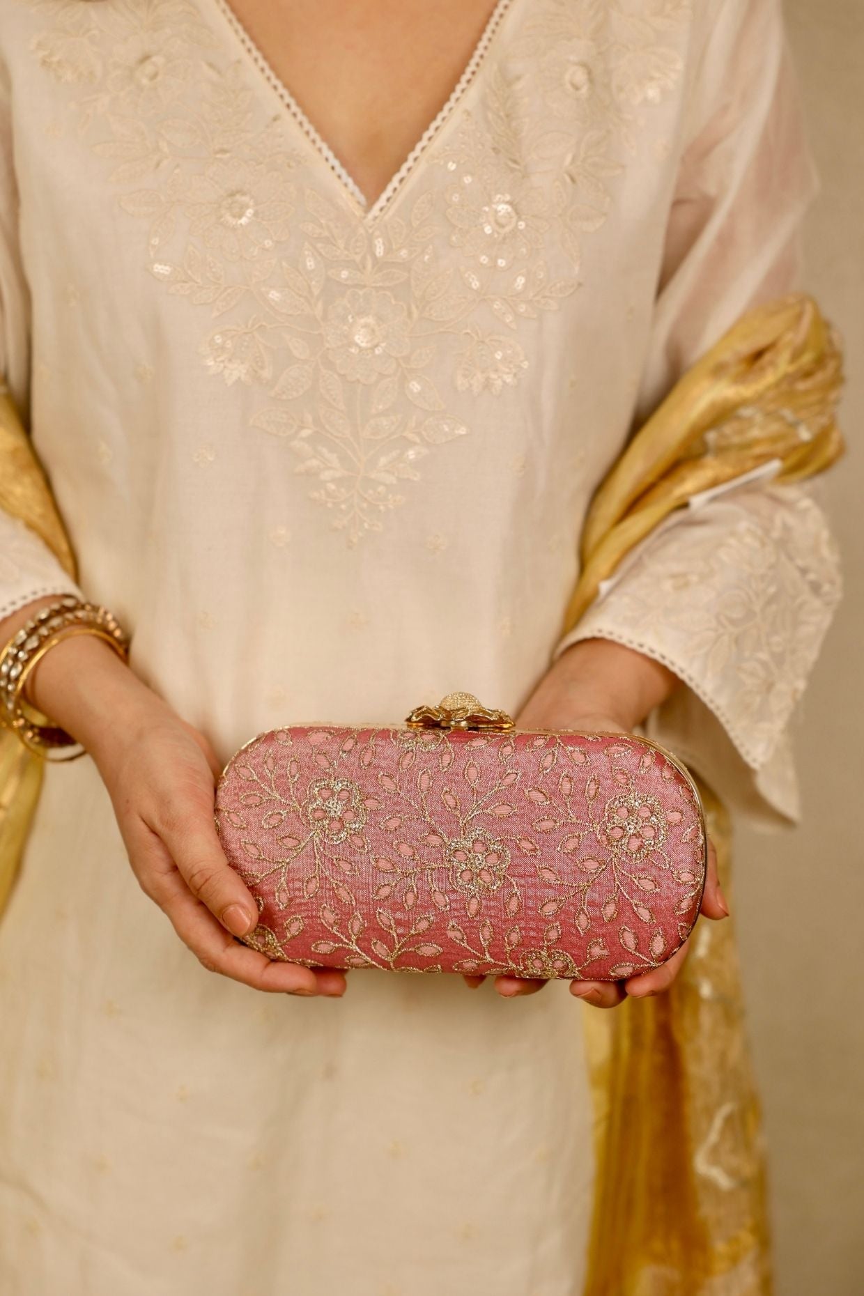 Tarang cutwork Capsule clutch - Pink