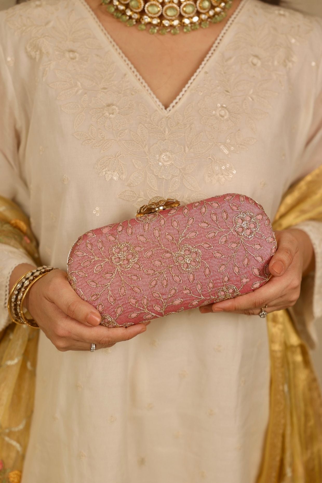 Tarang cutwork Capsule clutch - Pink