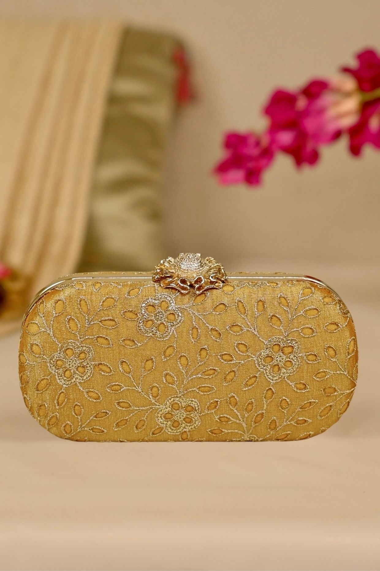 Tarang cutwork Capsule clutch - Mustard