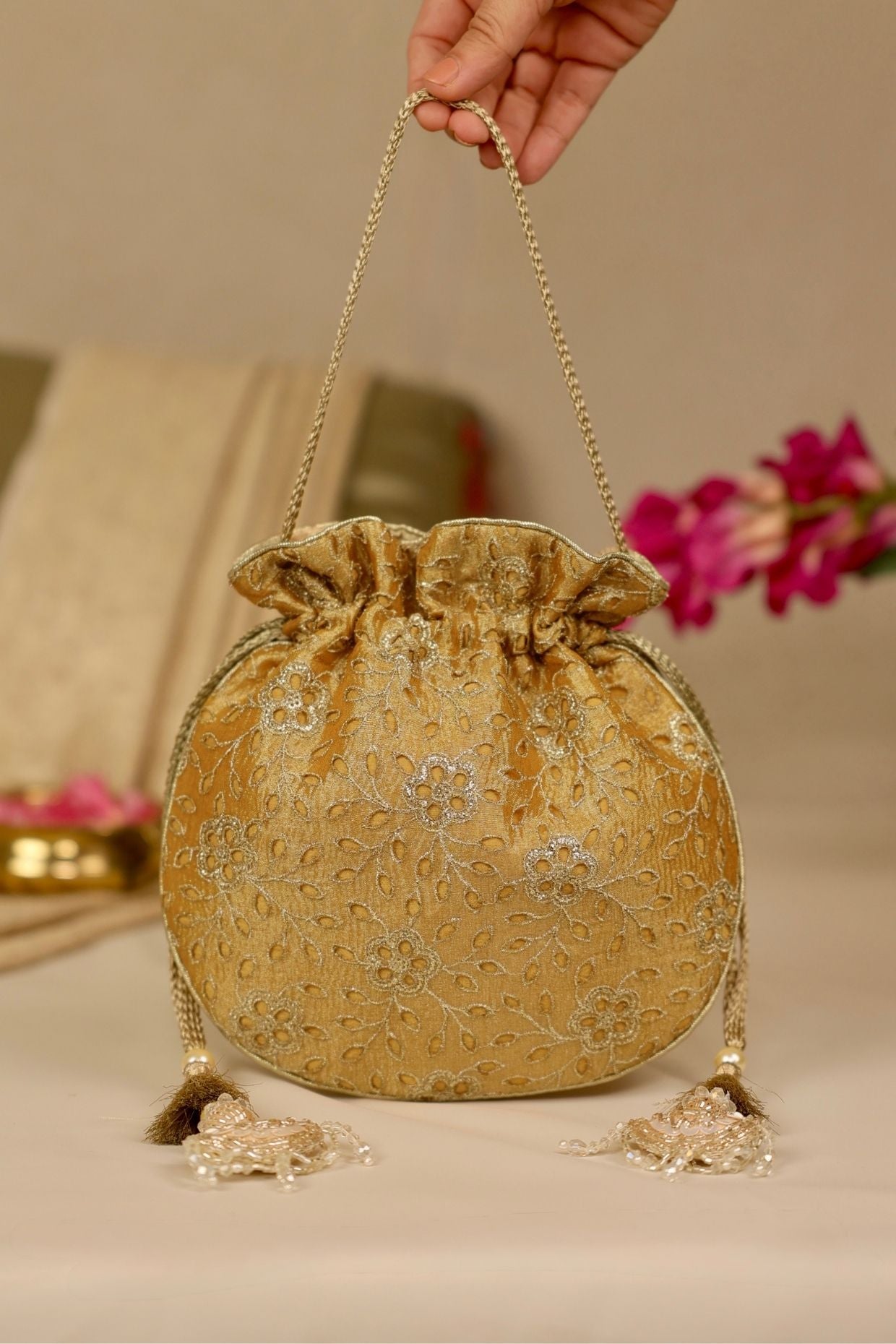 Tarang cutwork potli - Mustard