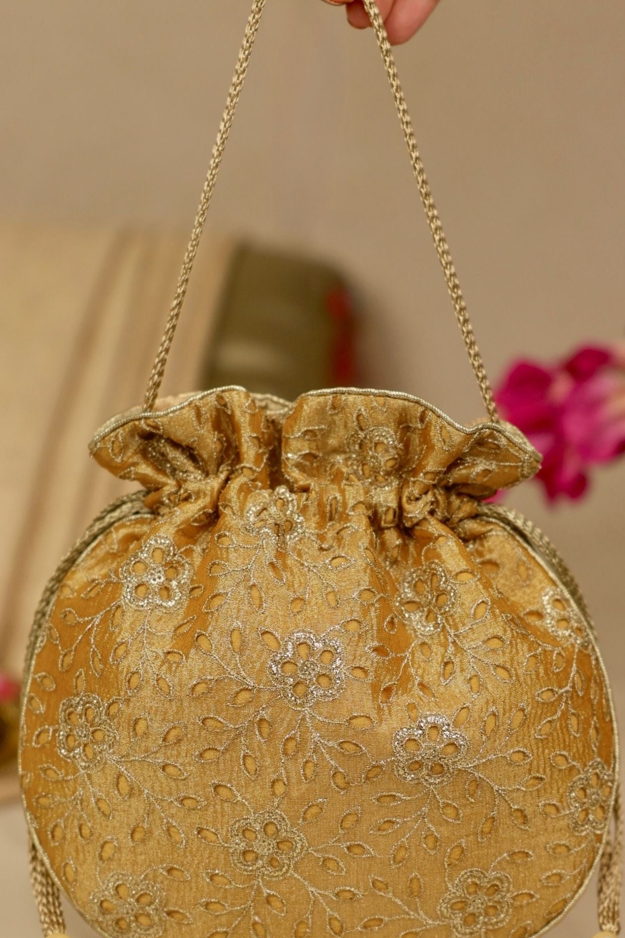 Tarang cutwork potli - Mustard