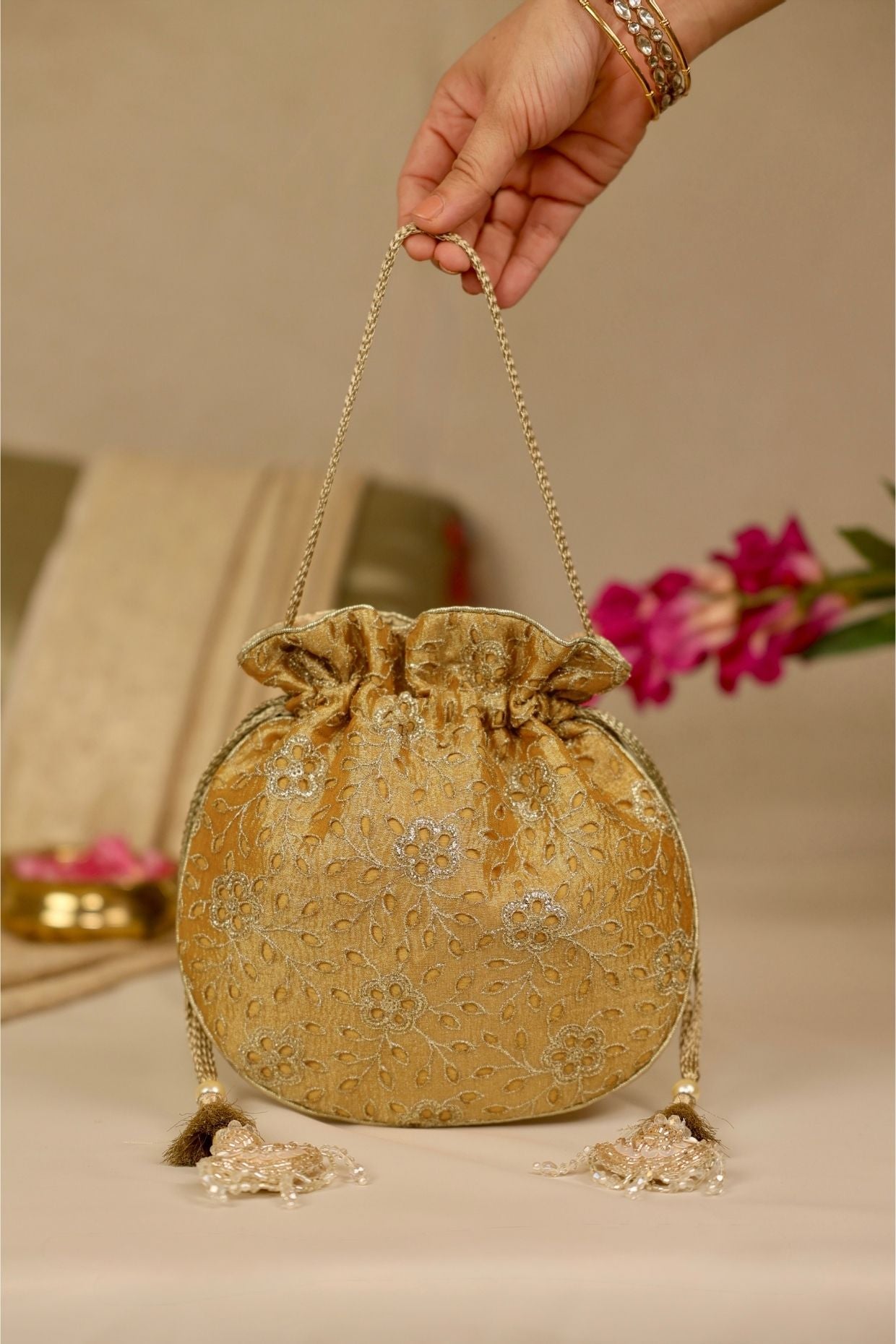 Tarang cutwork potli - Mustard