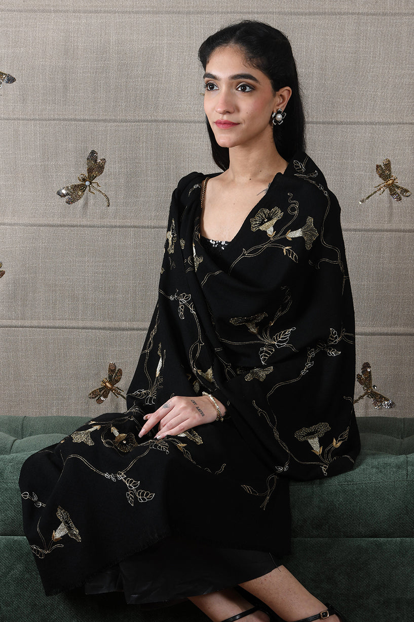 The Midnight Aurelia | Embroidered Fine Merino Stole