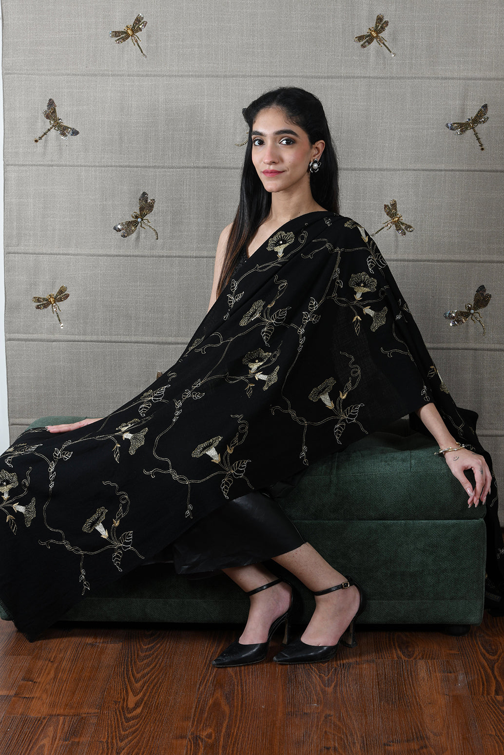 The Midnight Aurelia | Embroidered Fine Merino Stole
