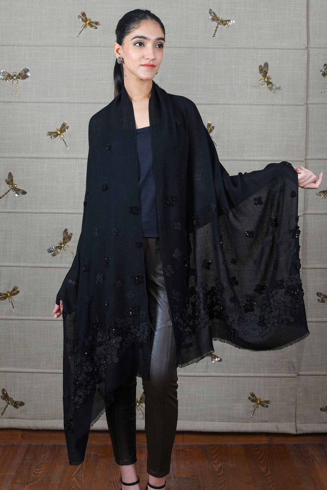 The Onyx Petal | Embroidered Fine Wool Silk Stole
