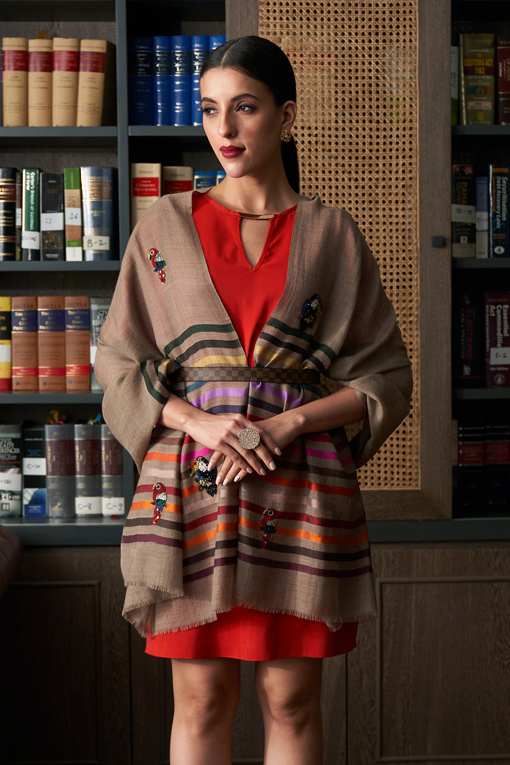 Tricky Toucans | Embroidered Fine Wool Silk Stripe