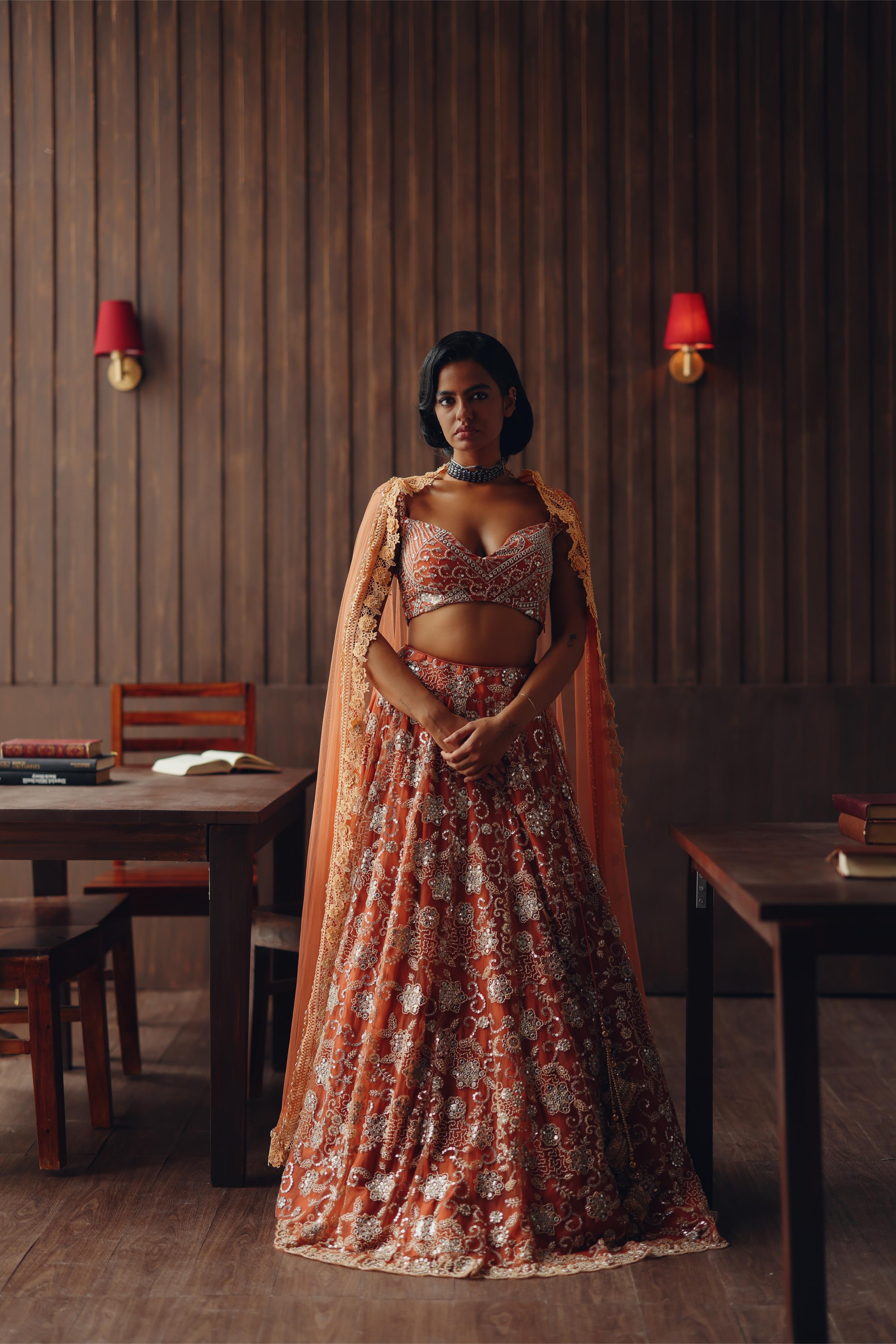 Rust Beaded Blossom Lehenga