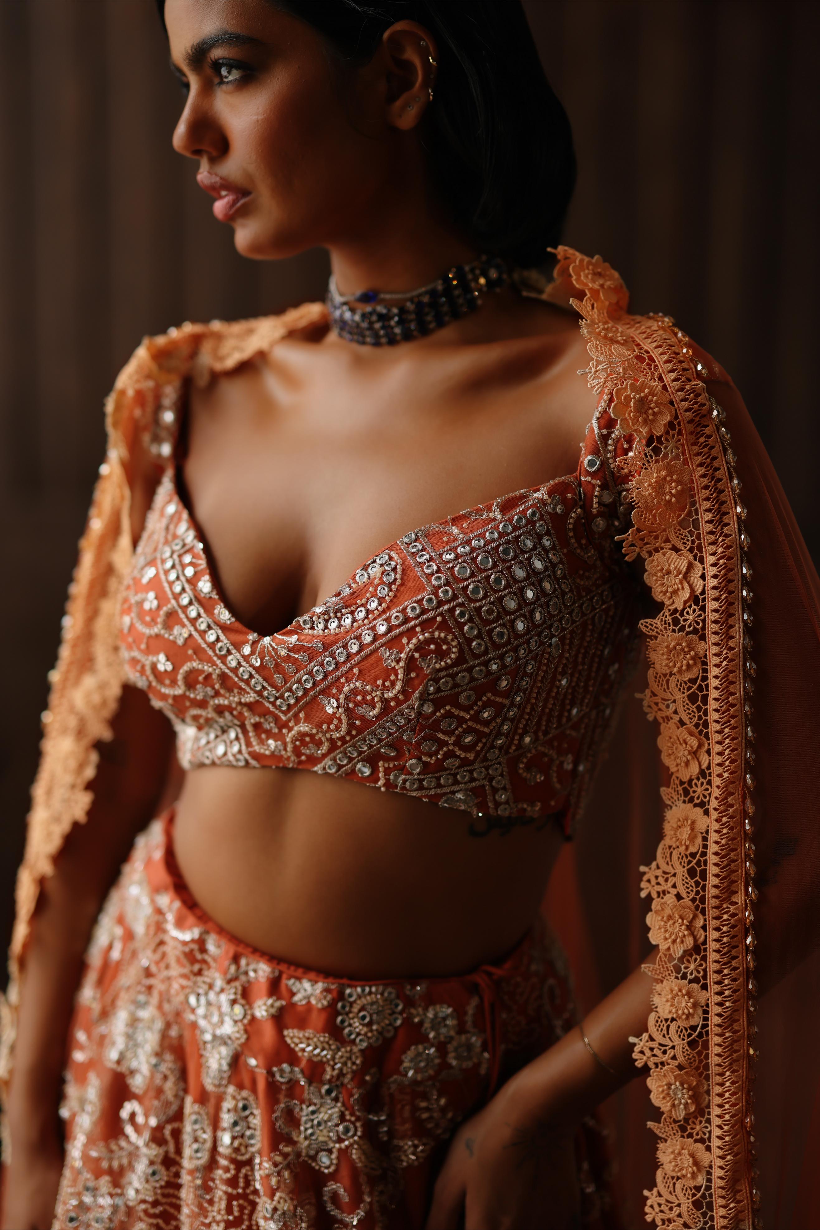 Rust Beaded Blossom Lehenga